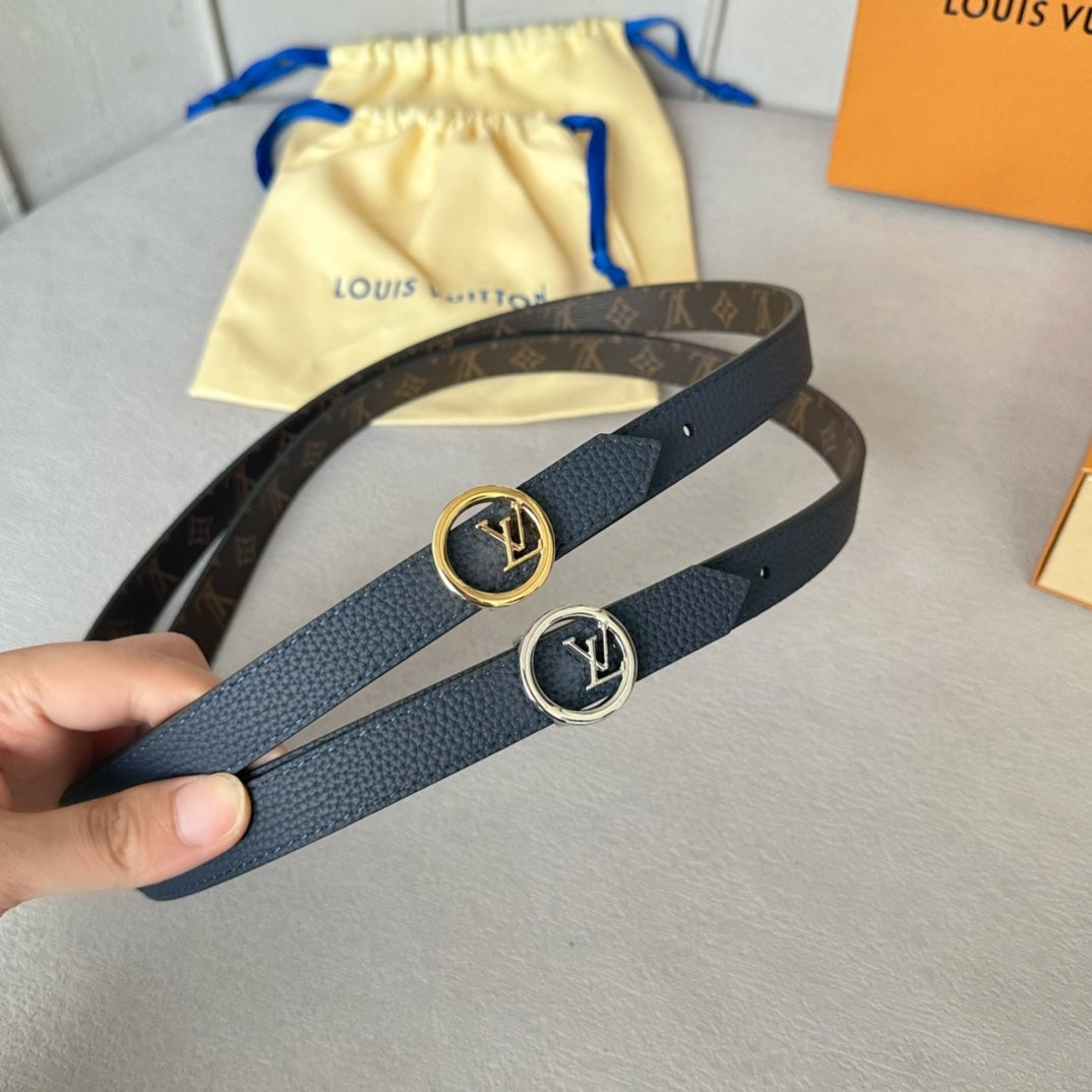 Louis Vuitton Circle 20mm Reversible Belt Gold Buckle Navy Blue Brown Leather