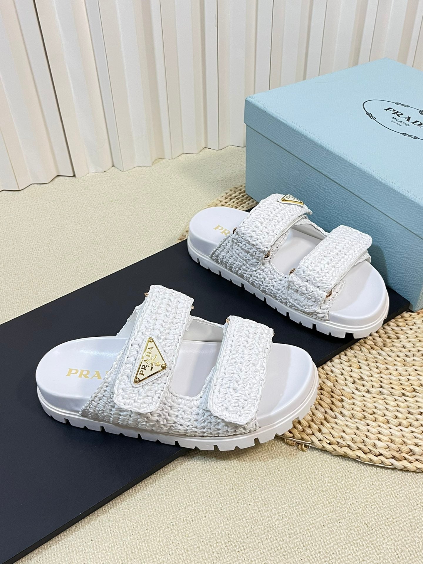 PRADA Raffia Cork Slide 40 White