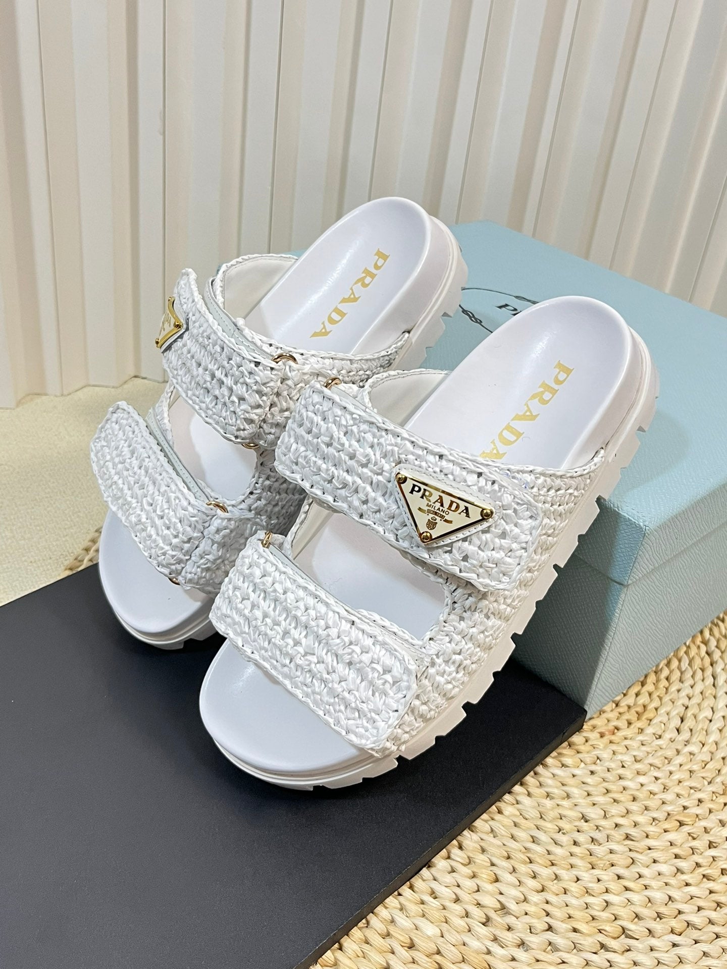 PRADA Raffia Cork Slide 40 White