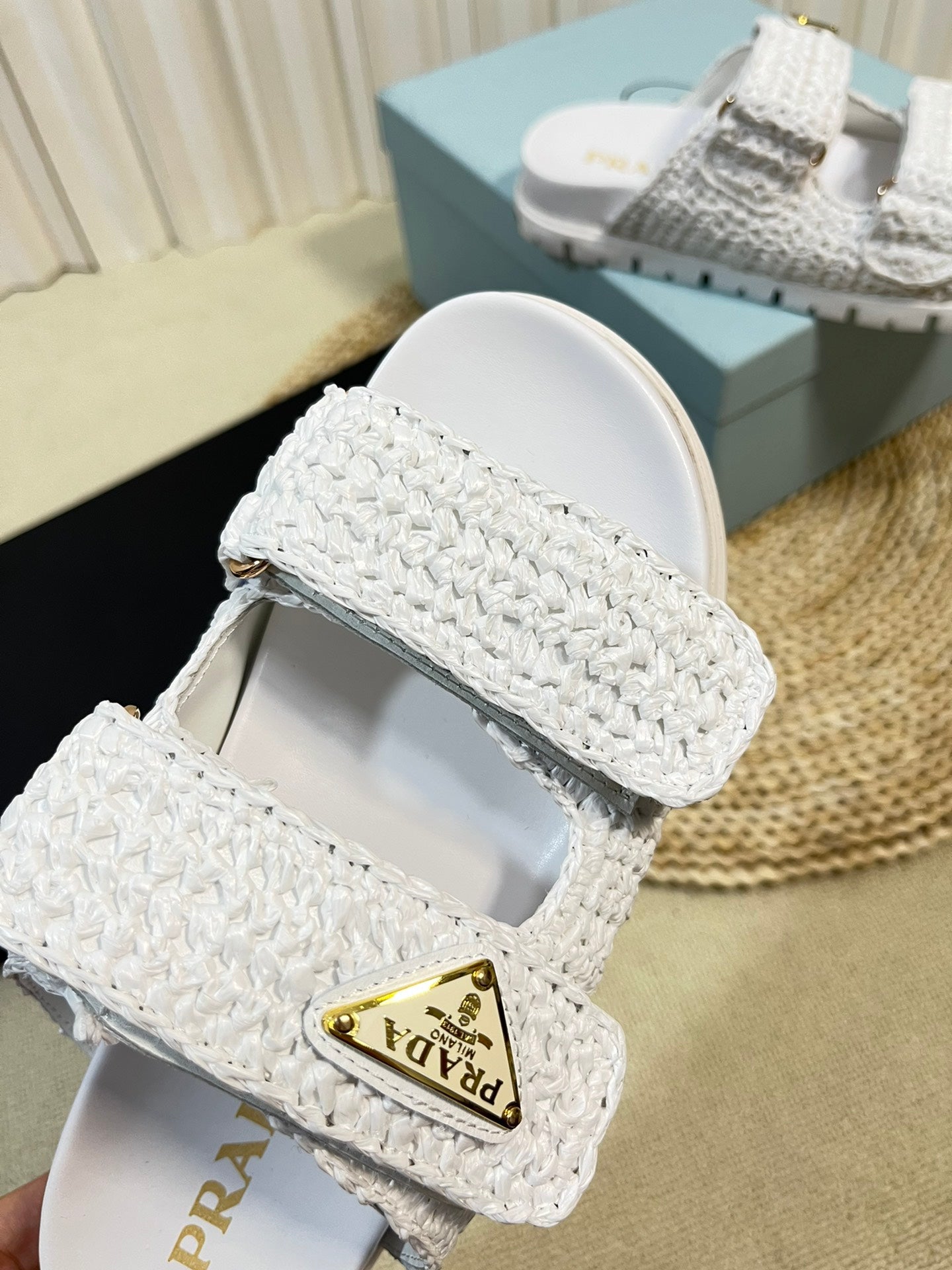 PRADA Raffia Cork Slide 40 White
