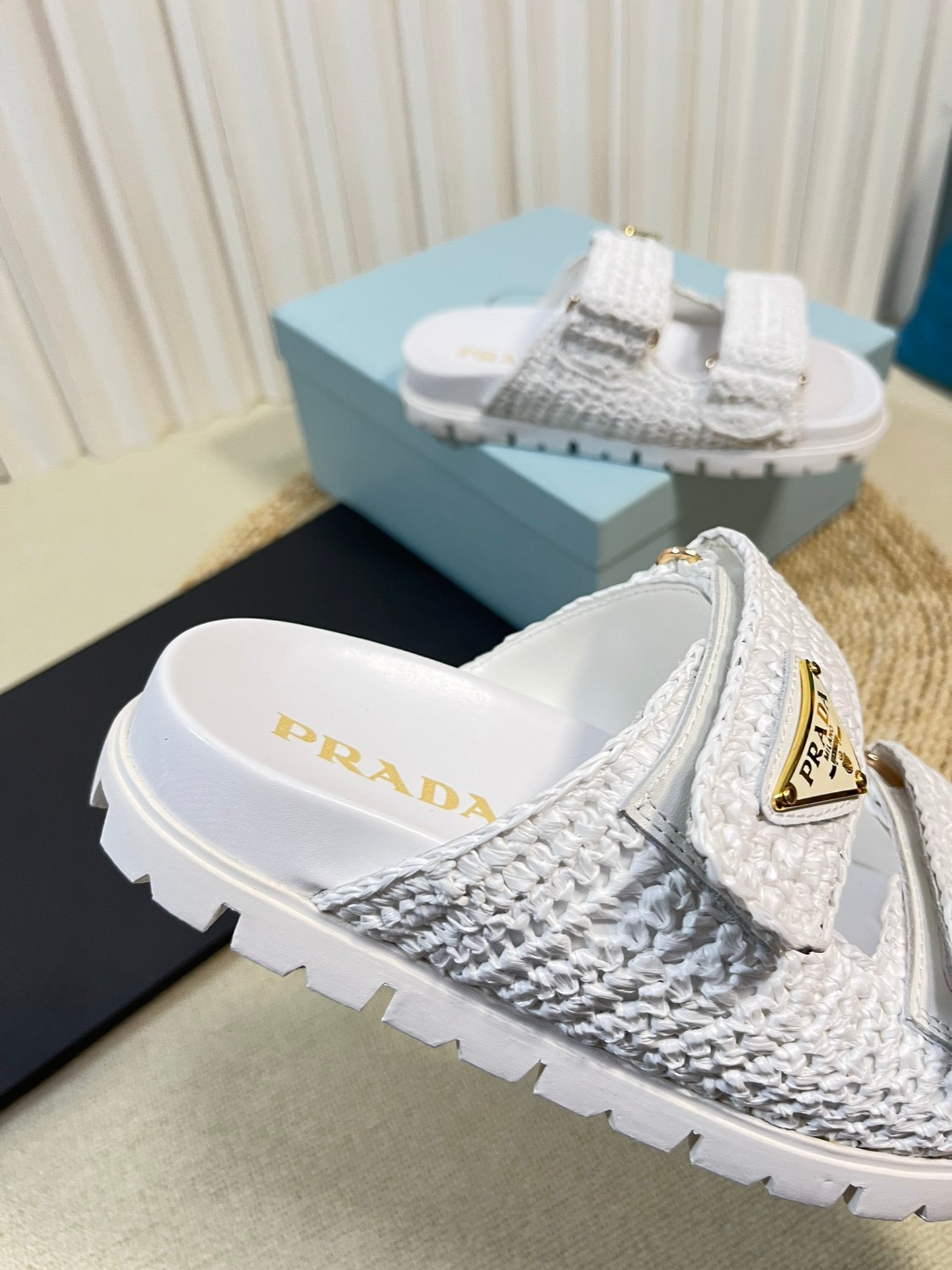 PRADA Raffia Cork Slide 40 White
