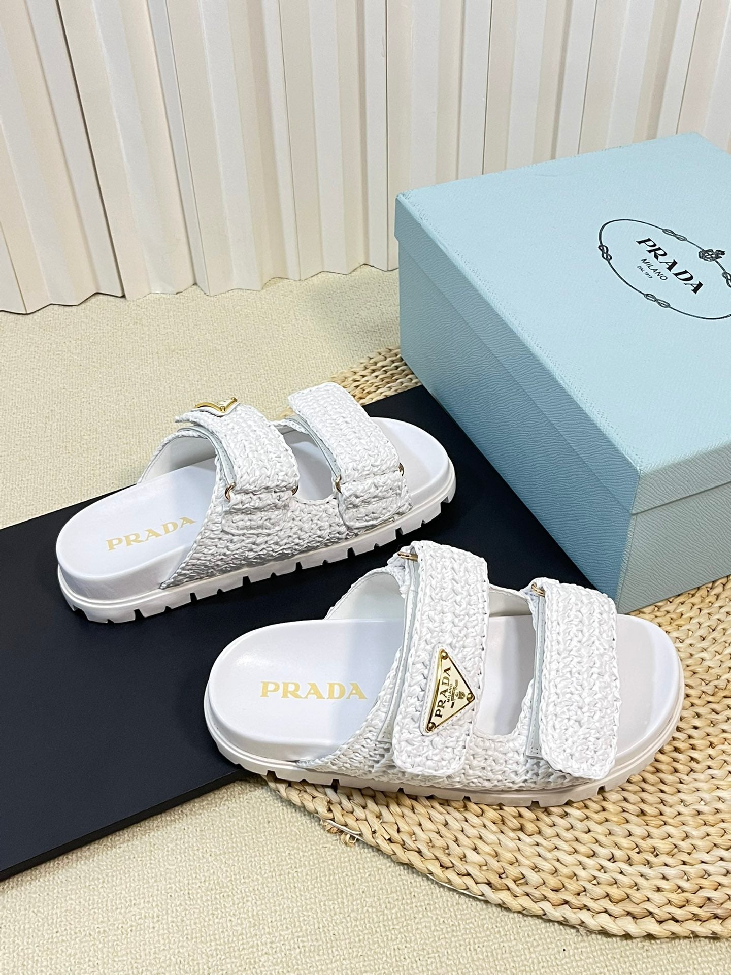PRADA Raffia Cork Slide 40 White