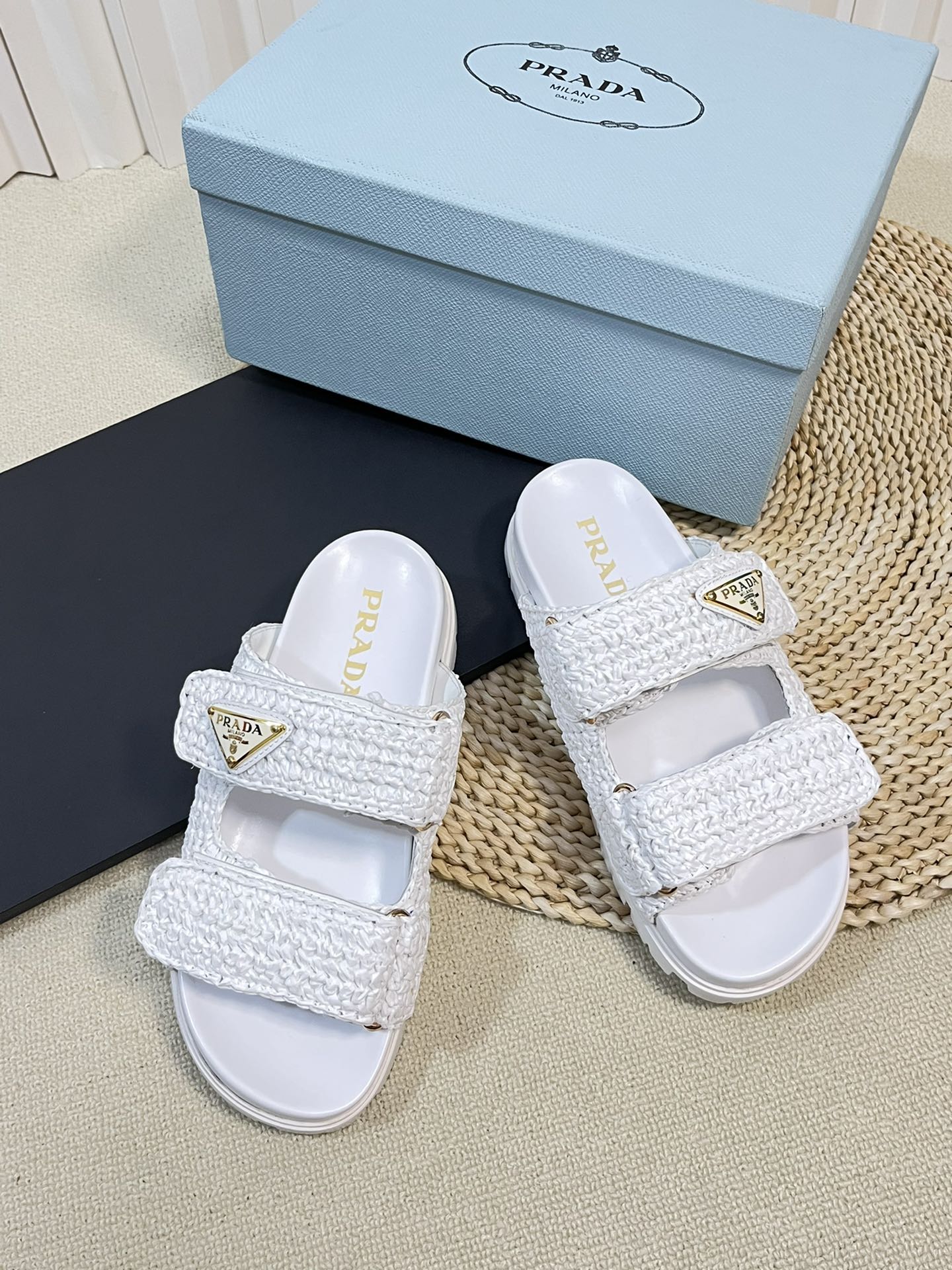 PRADA Raffia Cork Slide 40 White