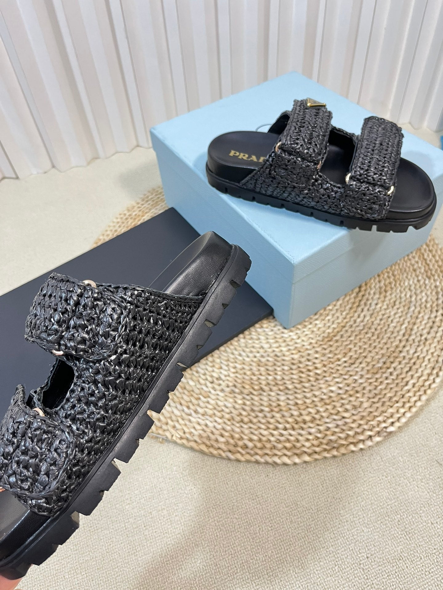 PRADA Raffia Cork Slide 40 Black