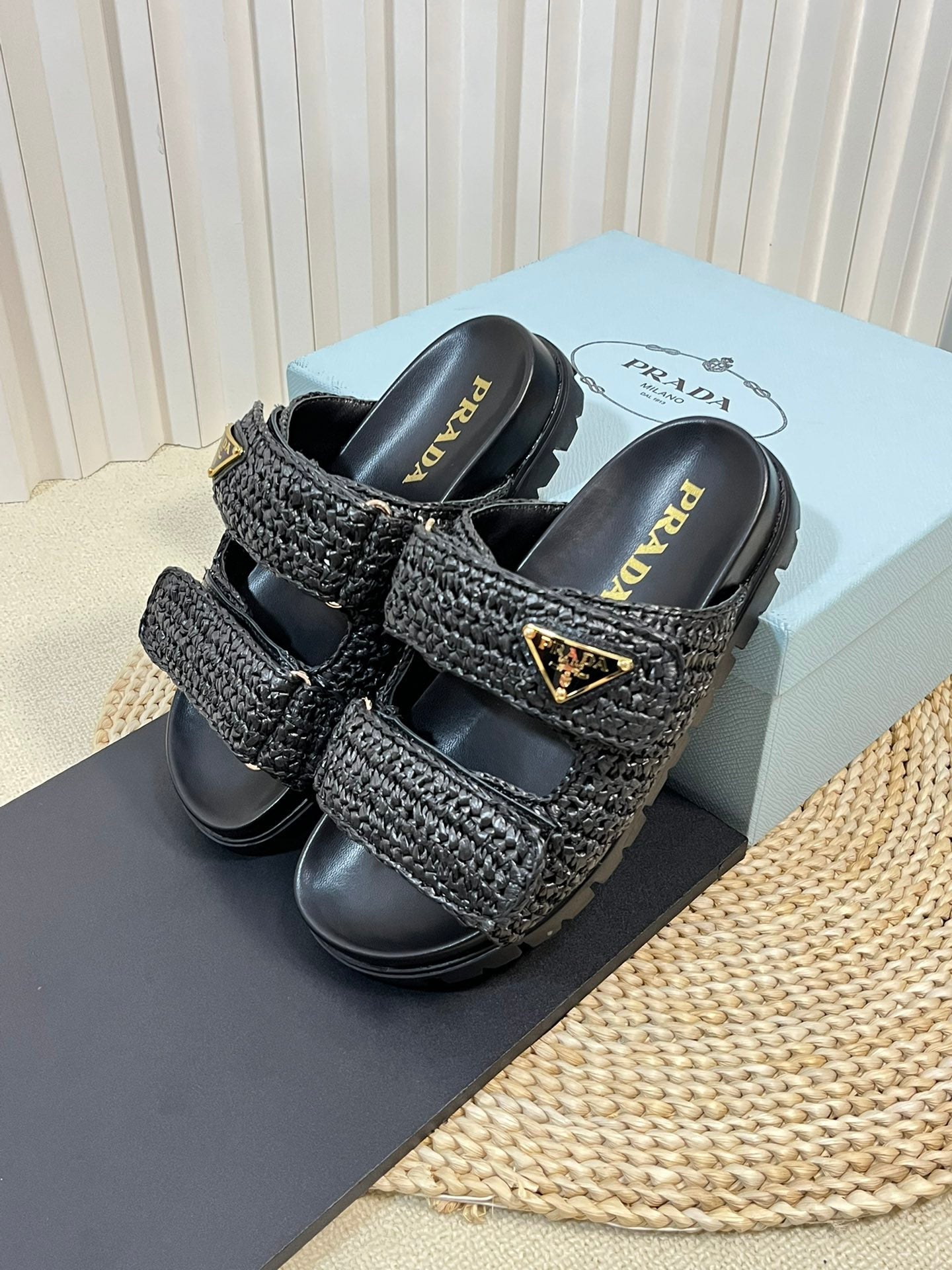 PRADA Raffia Cork Slide 40 Black