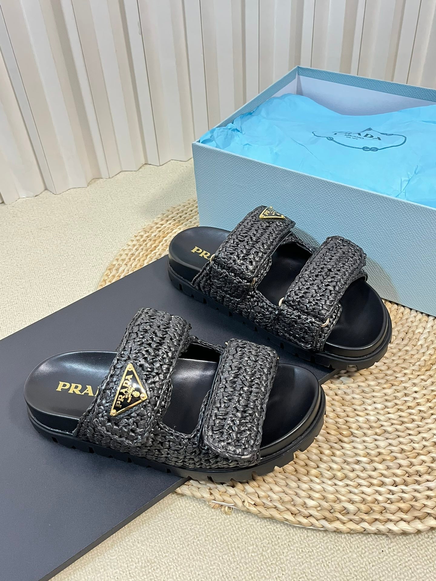 PRADA Raffia Cork Slide 40 Black