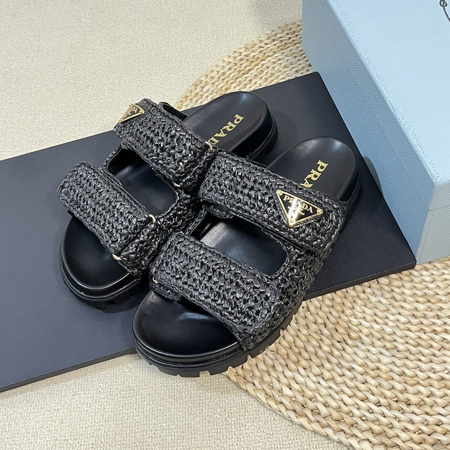 PRADA Raffia Cork Slide 40 Black