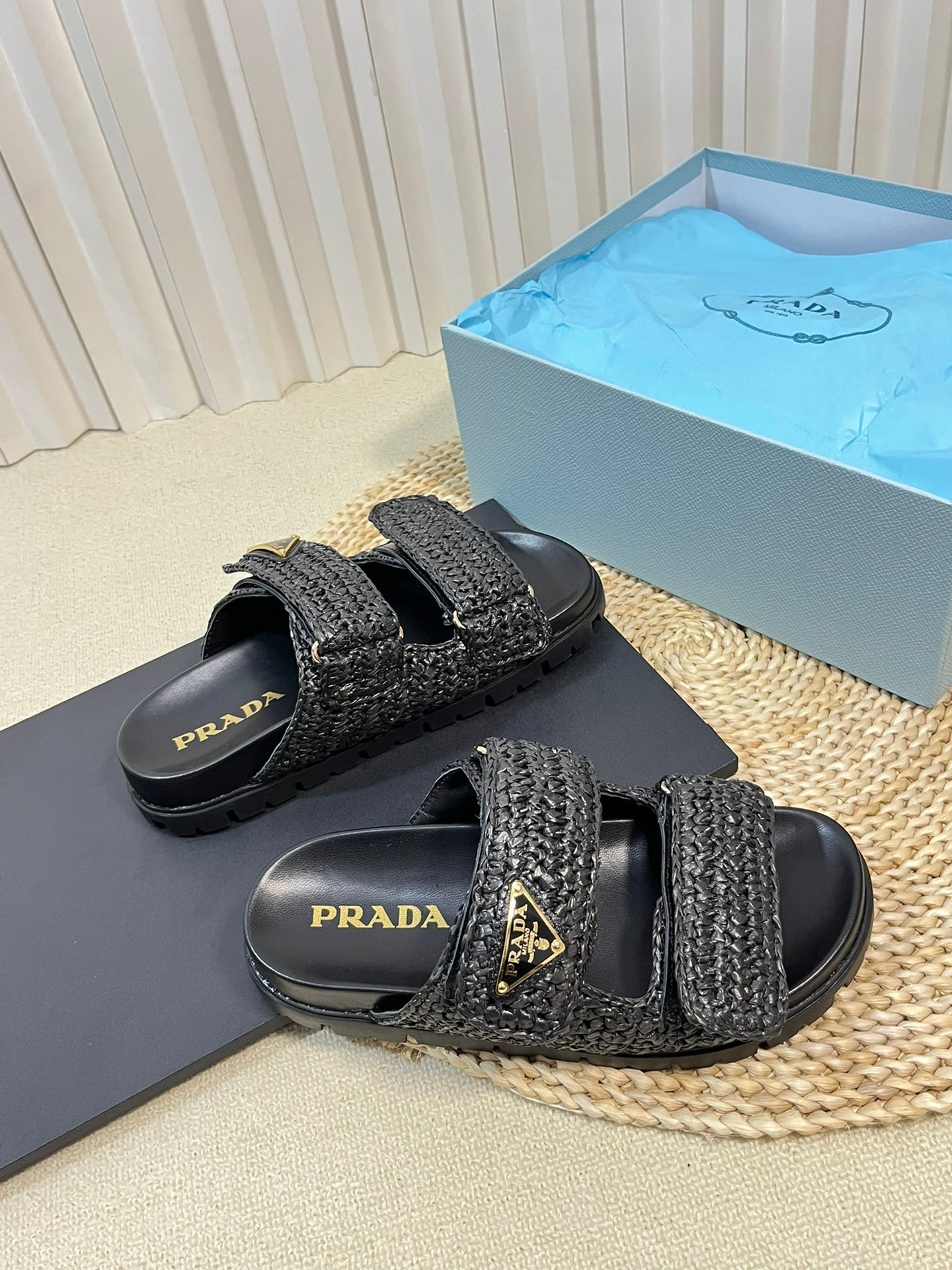 PRADA Raffia Cork Slide 40 Black