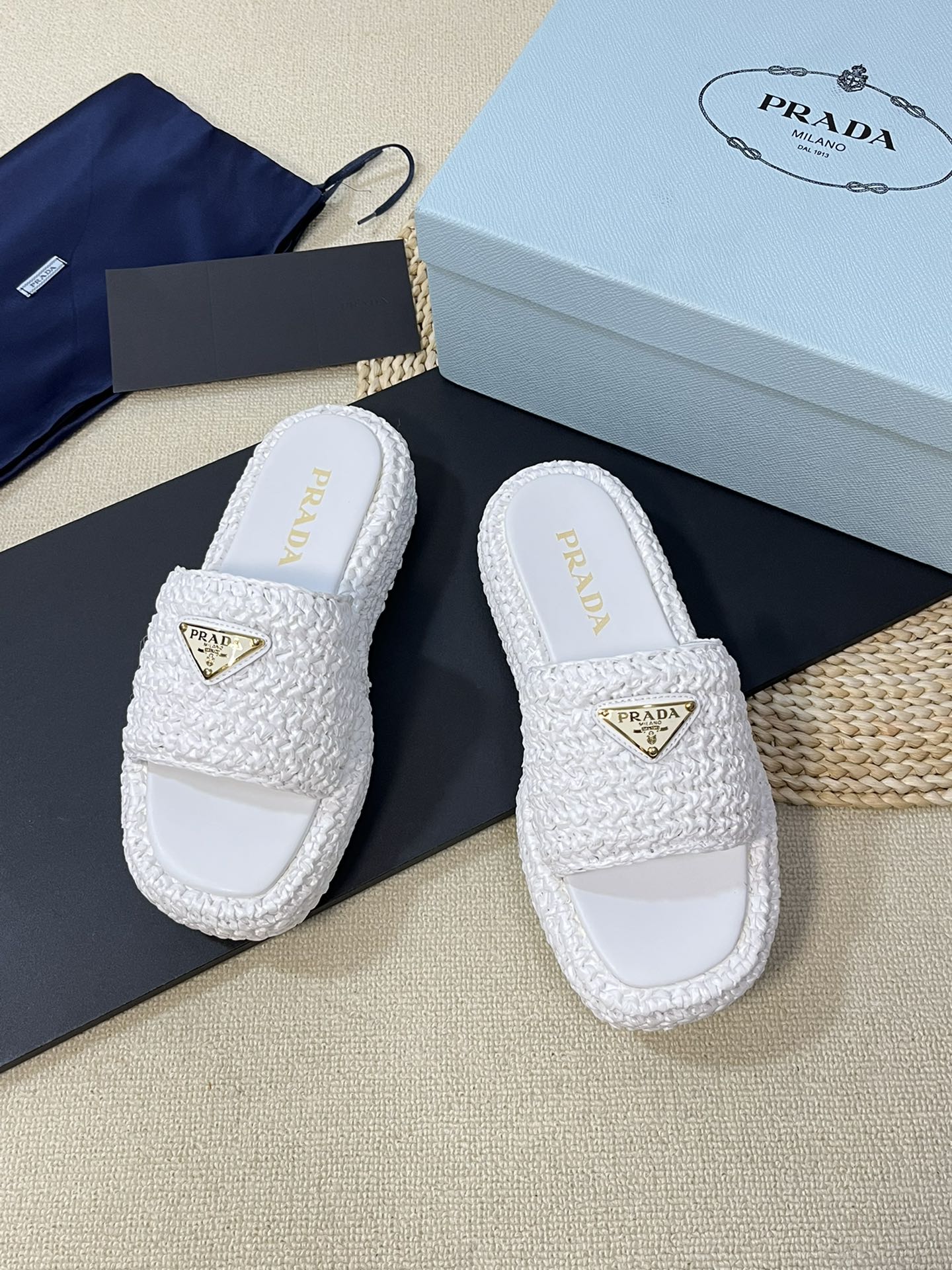 PRADA Crochet Flatform Slides 40 White
