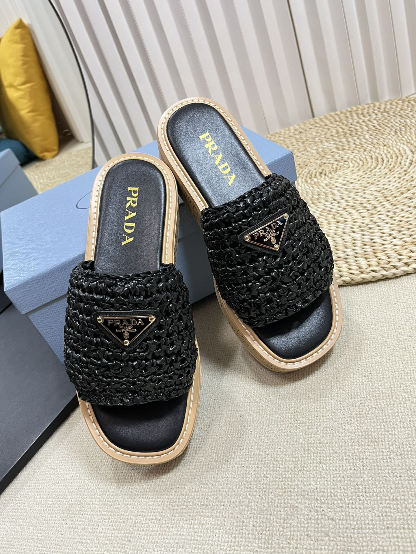 PRADA Crochet Flatform Slides 40 Lightweight Cork Sole Black