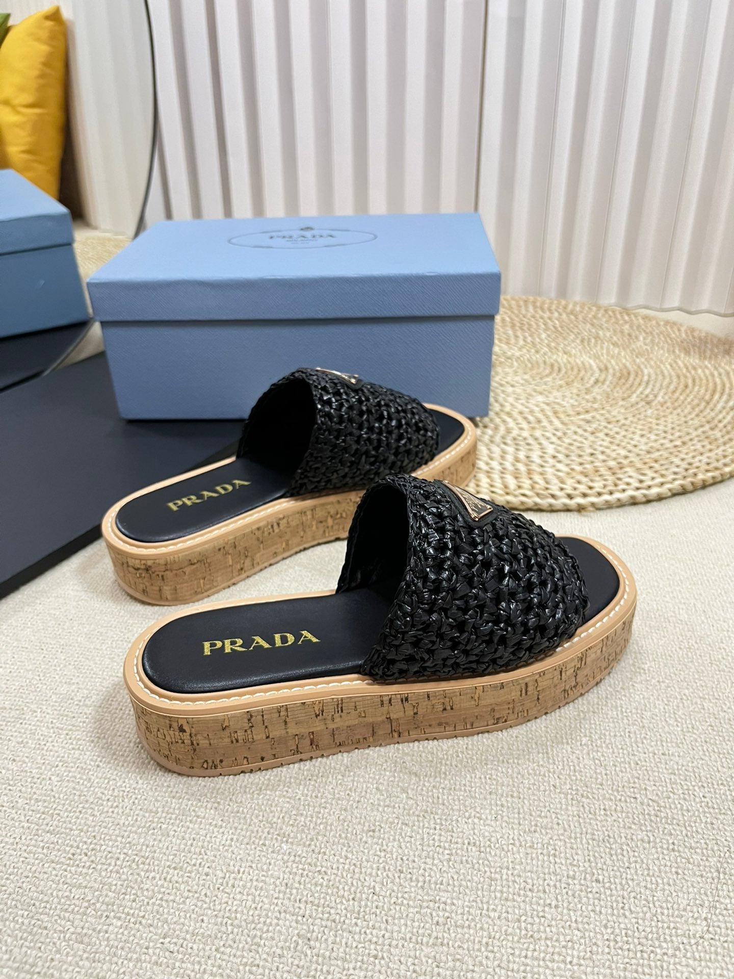 PRADA Crochet Flatform Slides 40 Lightweight Cork Sole Black