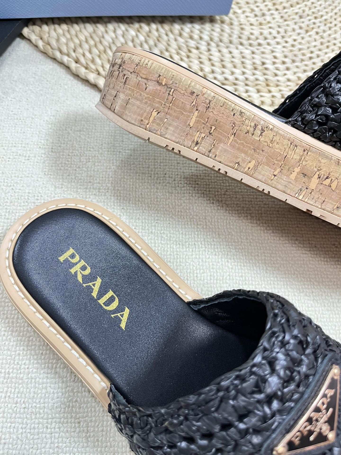 PRADA Crochet Flatform Slides 40 Lightweight Cork Sole Black