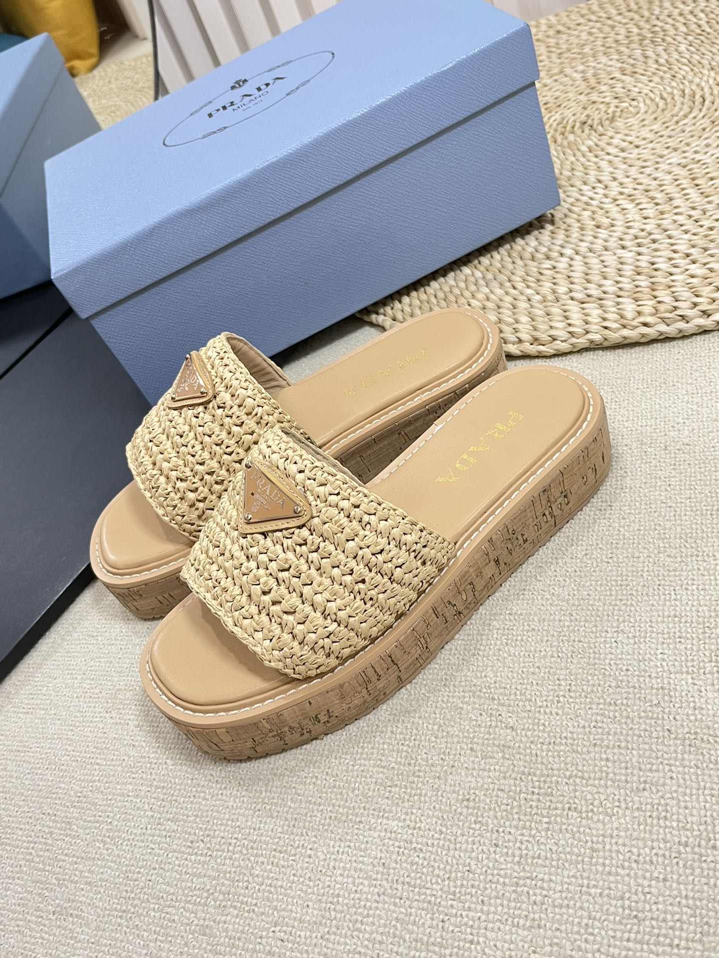 PRADA Crochet Flatform Slides 40 Lightweight Cork Sole Beige