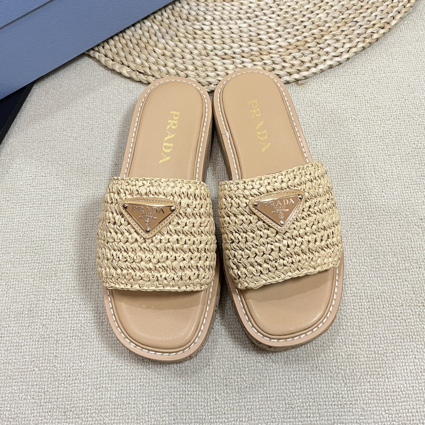 PRADA Crochet Flatform Slides 40 Lightweight Cork Sole Beige