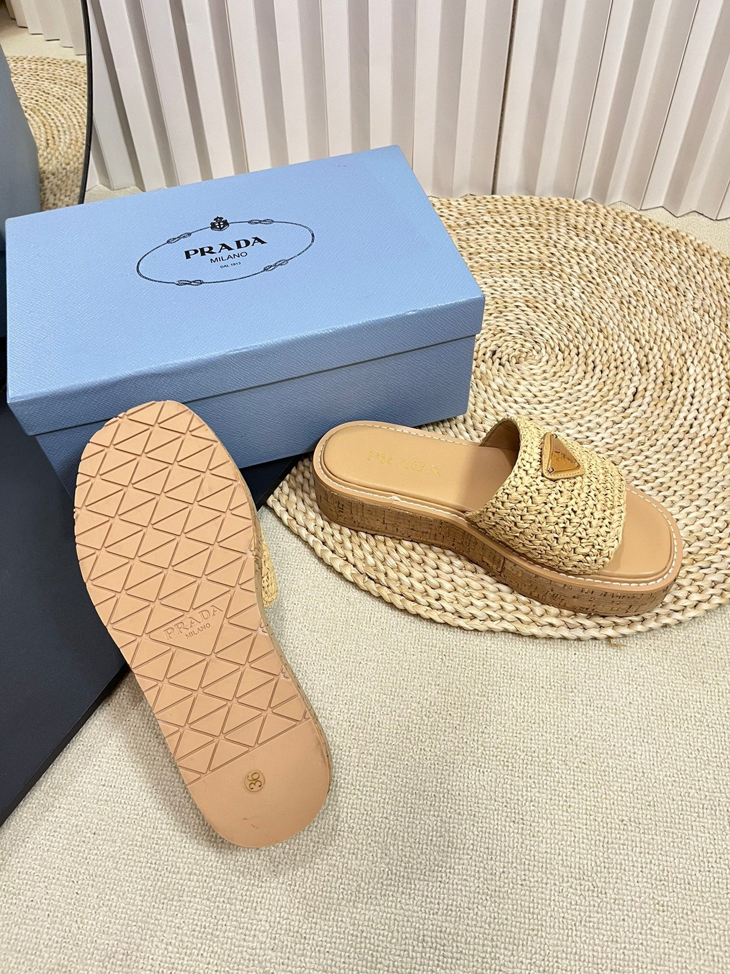 PRADA Crochet Flatform Slides 40 Lightweight Cork Sole Beige