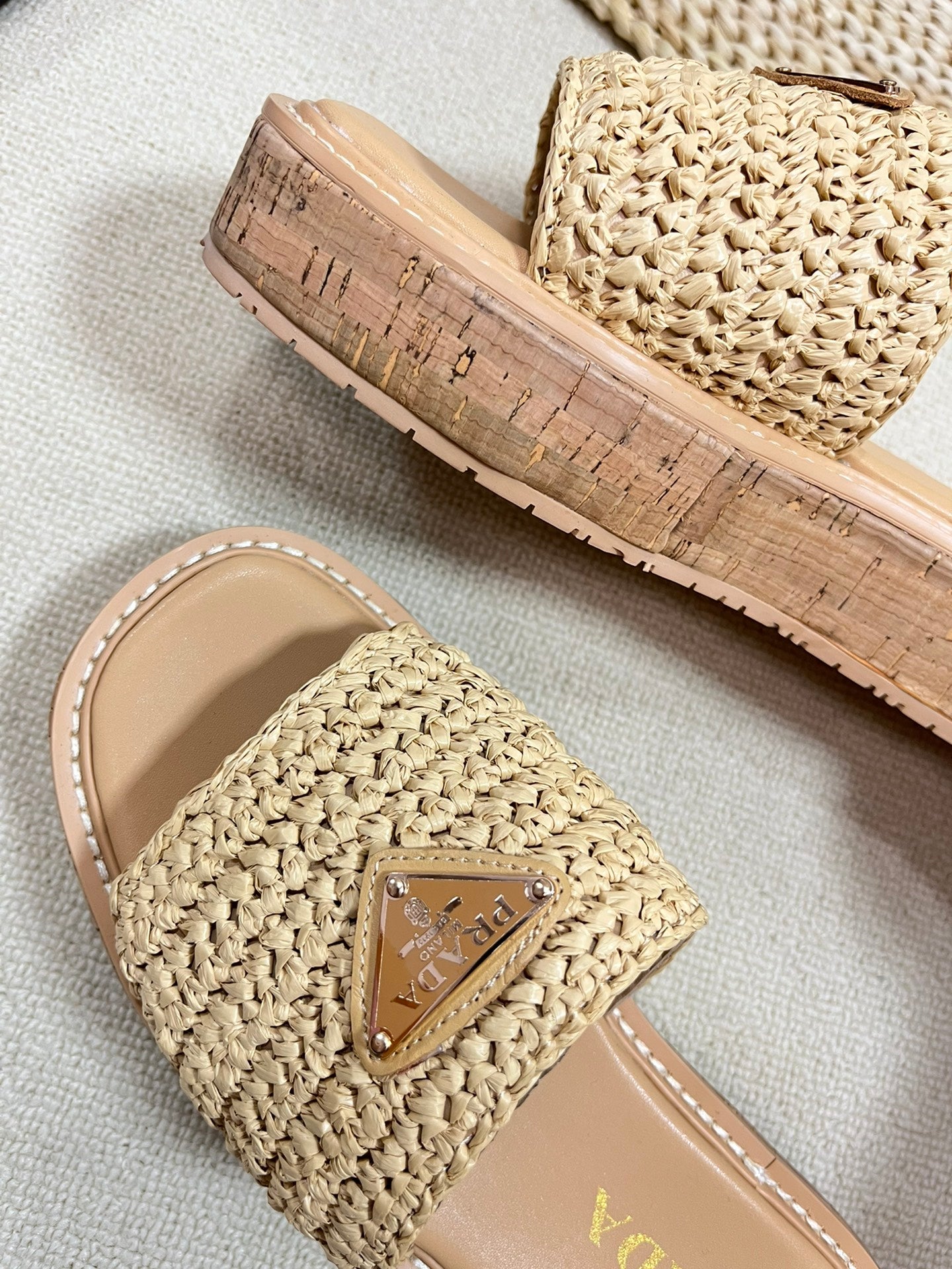 PRADA Crochet Flatform Slides 40 Lightweight Cork Sole Beige
