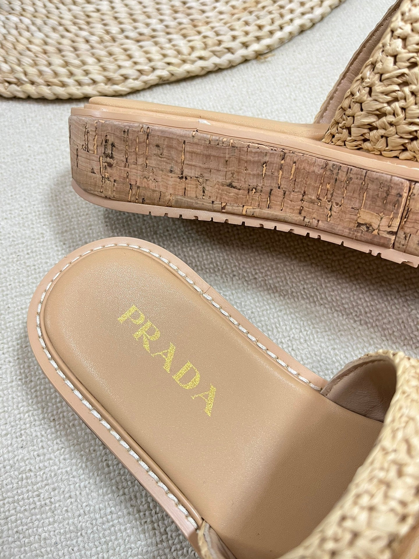 PRADA Crochet Flatform Slides 40 Lightweight Cork Sole Beige