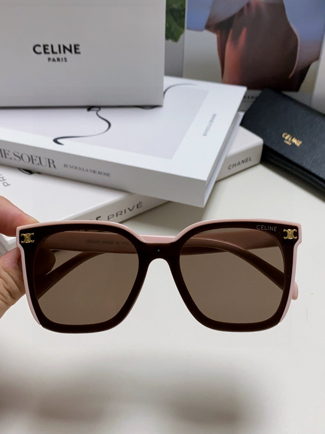 Celine TRIOMPHE SUNGLASSES 552774 IN BABY PINK ACETATE TEXT LOGO