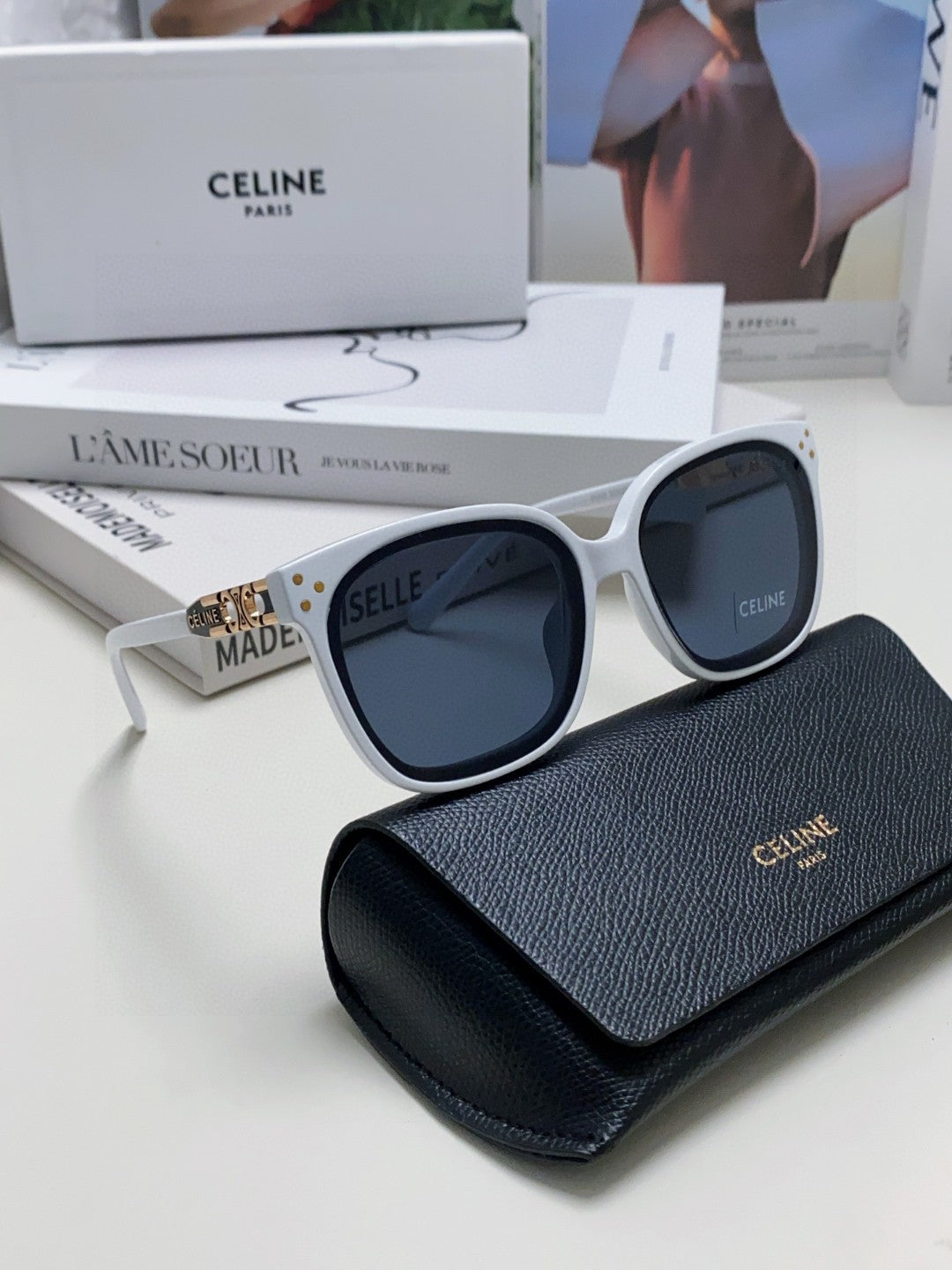 Celine TRIOMPHE SUNGLASSES 573250 IN WHITE ACETATE METAL LOGO