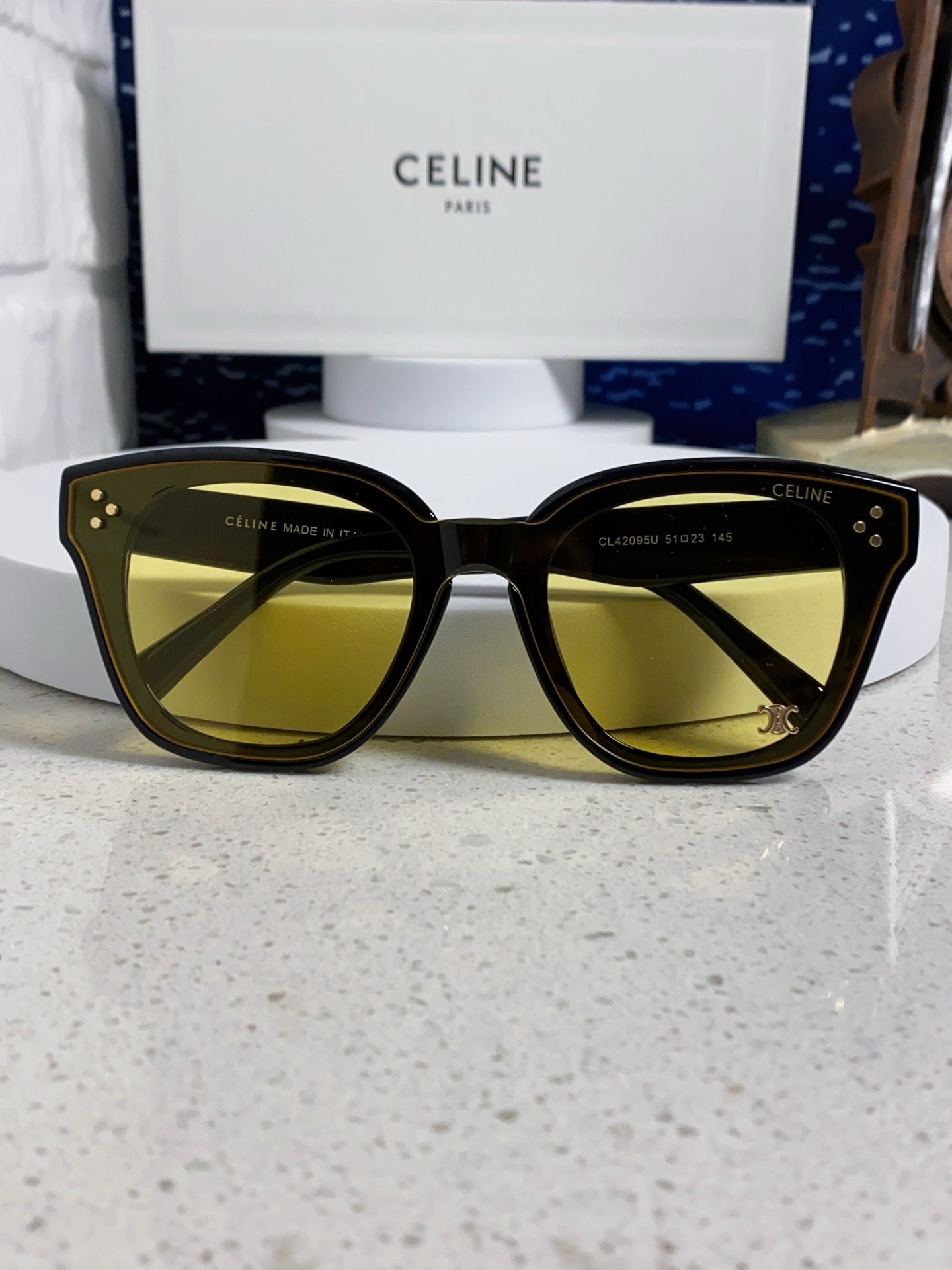Celine SQUARE SUNGLASS 575840 IN BLACK ACETATE GREEN LENSES