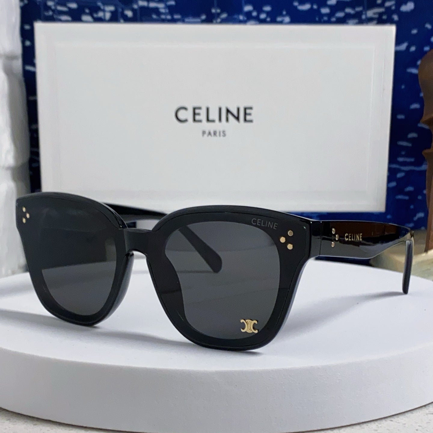 Celine SQUARE SUNGLASS 575845 IN BLACK ACETATE BLACK LENSES