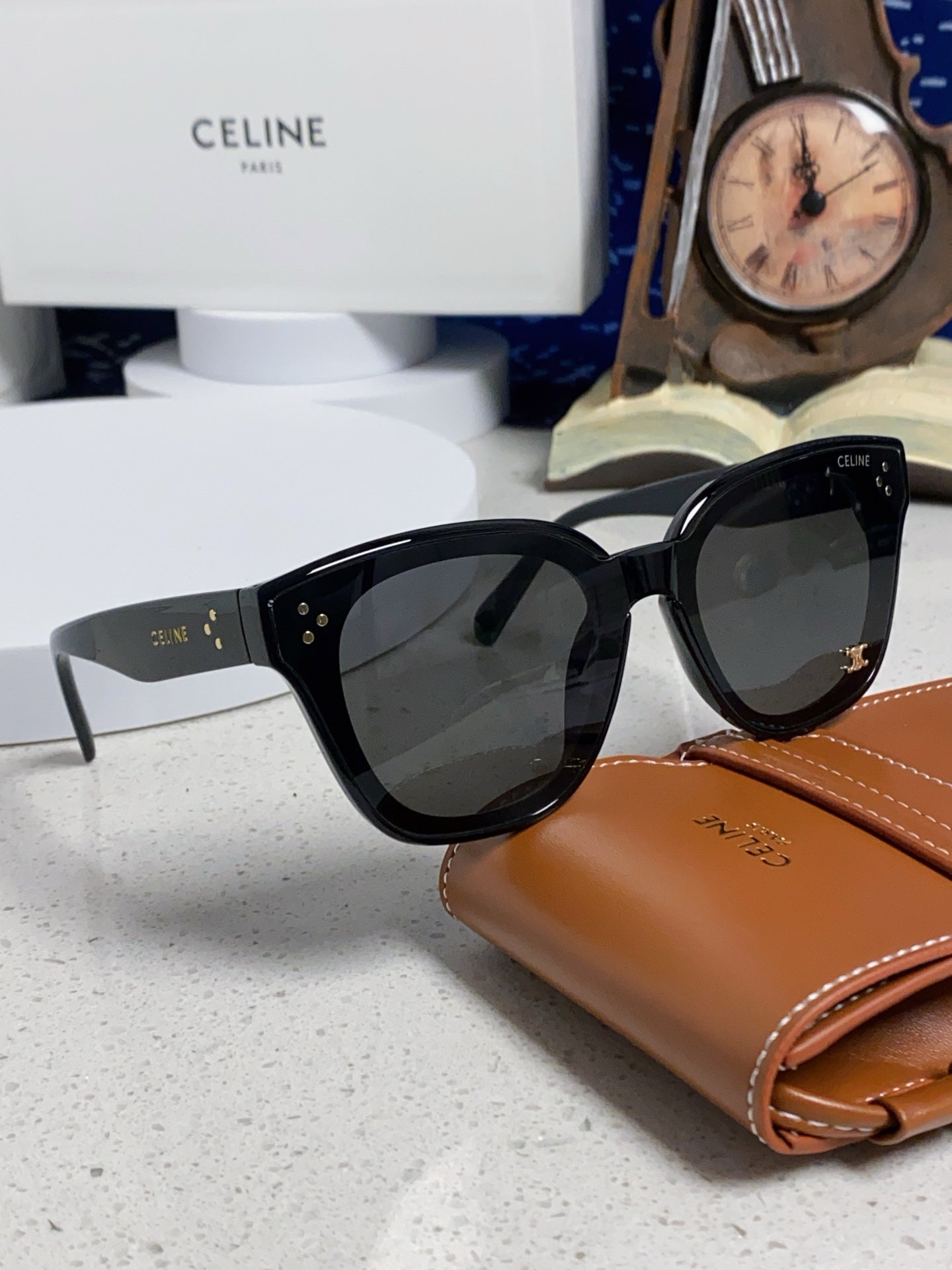 Celine SQUARE SUNGLASS 575845 IN BLACK ACETATE BLACK LENSES