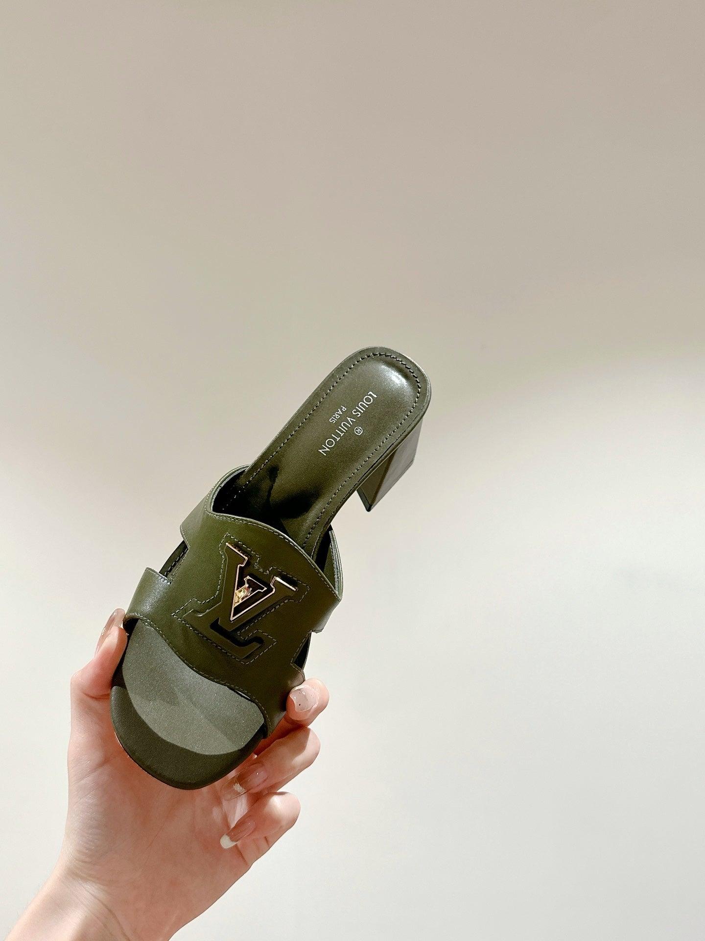 Louis Vuitton capri mule 45mm khaki green calfskin