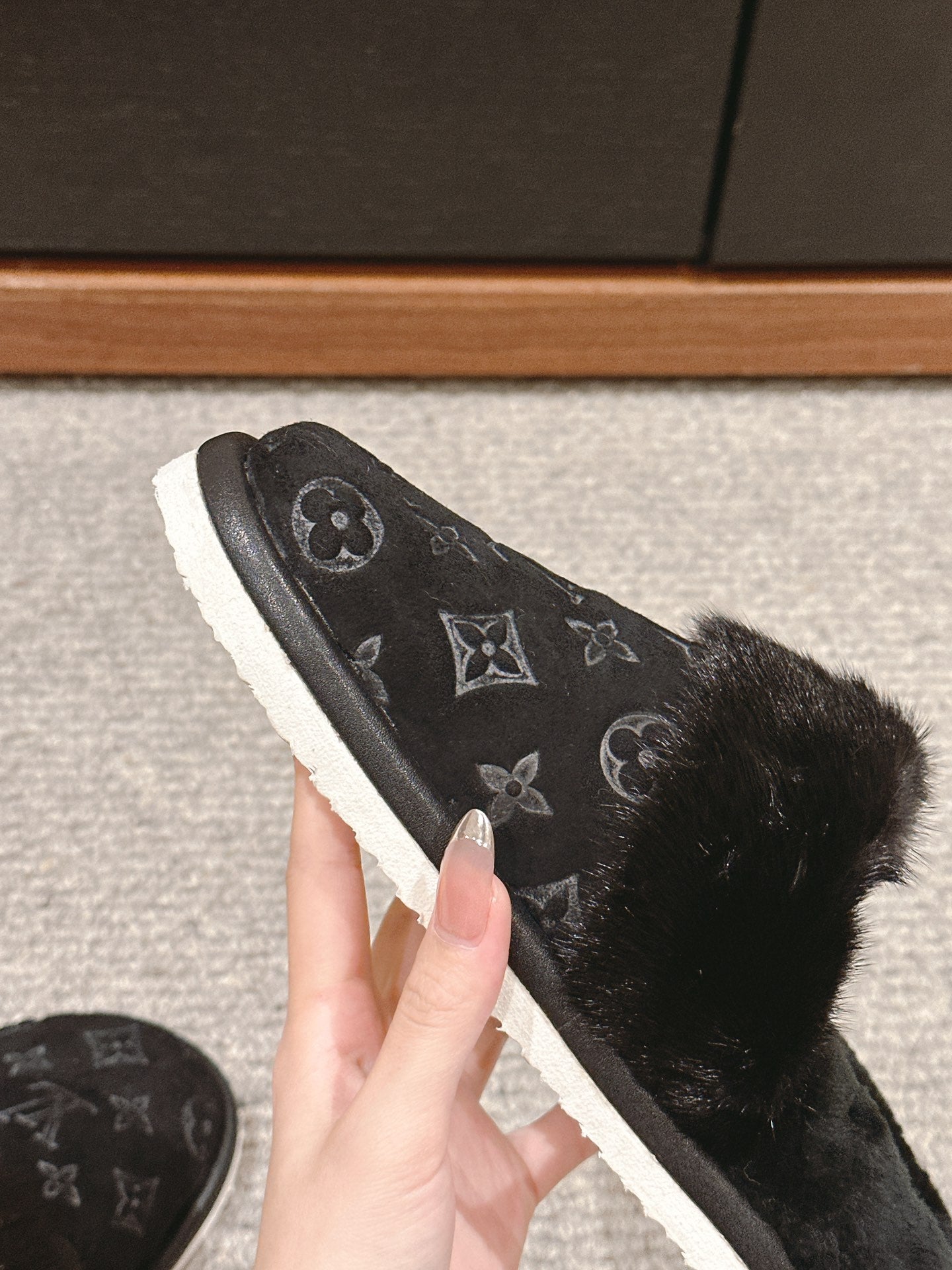 Louis Vuitton Flat Mule Black With Fur Monogram Suede