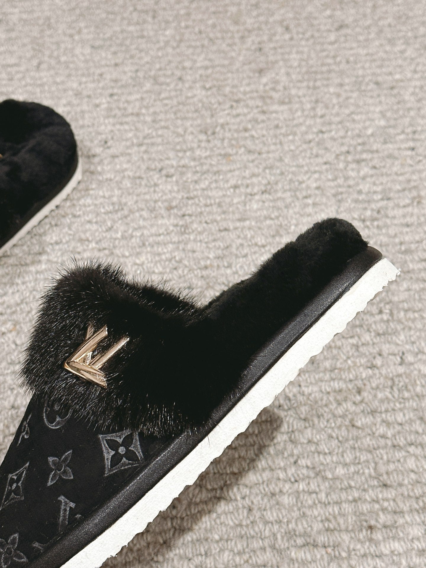 Louis Vuitton Flat Mule Black With Fur Monogram Suede
