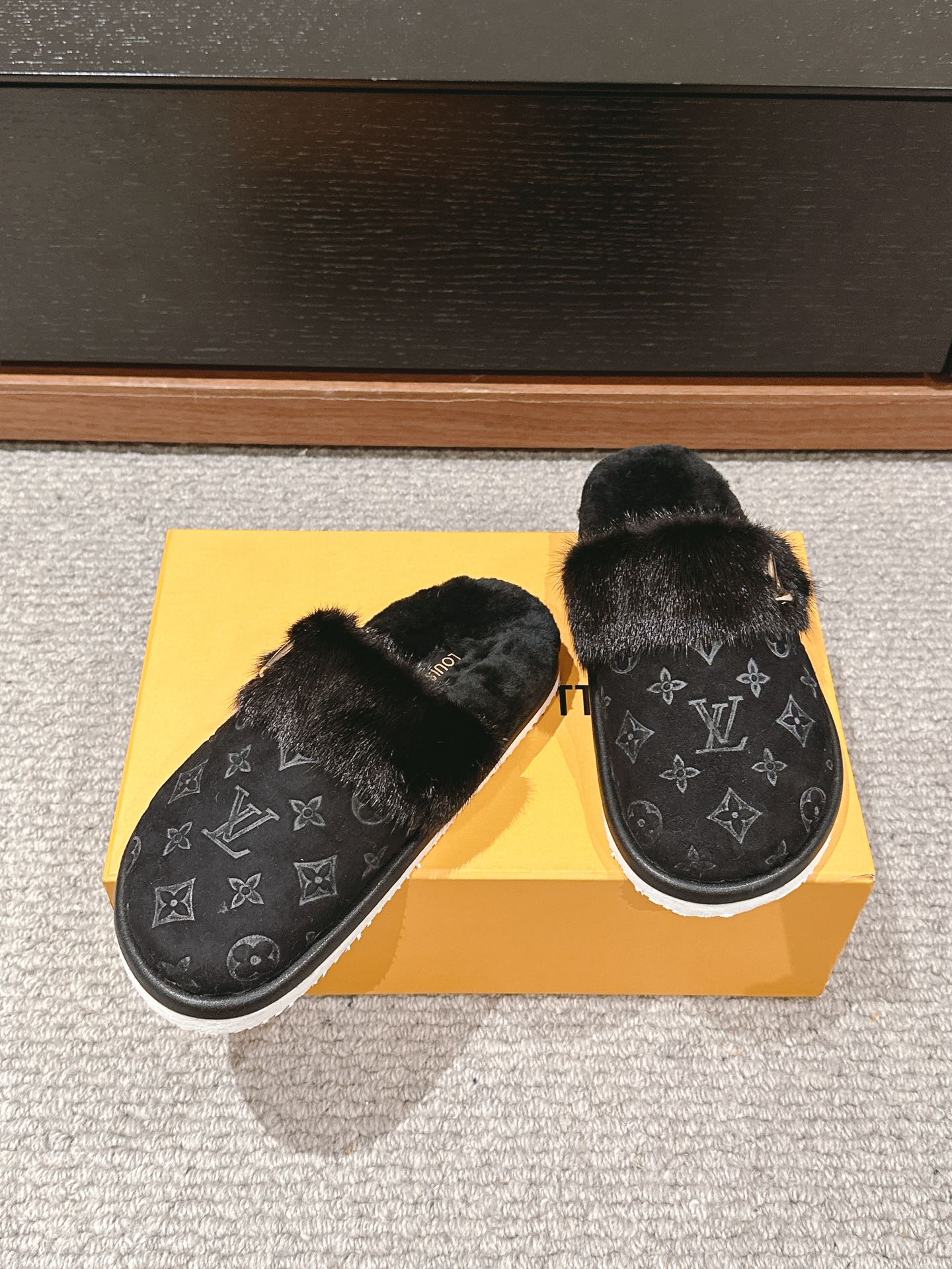 Louis Vuitton Flat Mule Black With Fur Monogram Suede