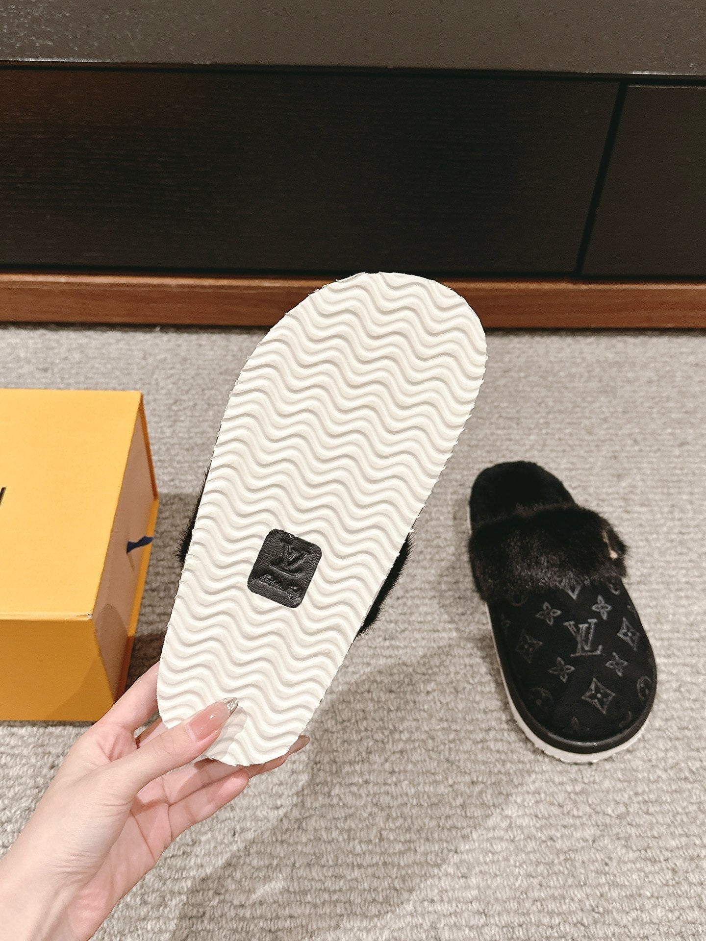 Louis Vuitton Flat Mule Black With Fur Monogram Suede