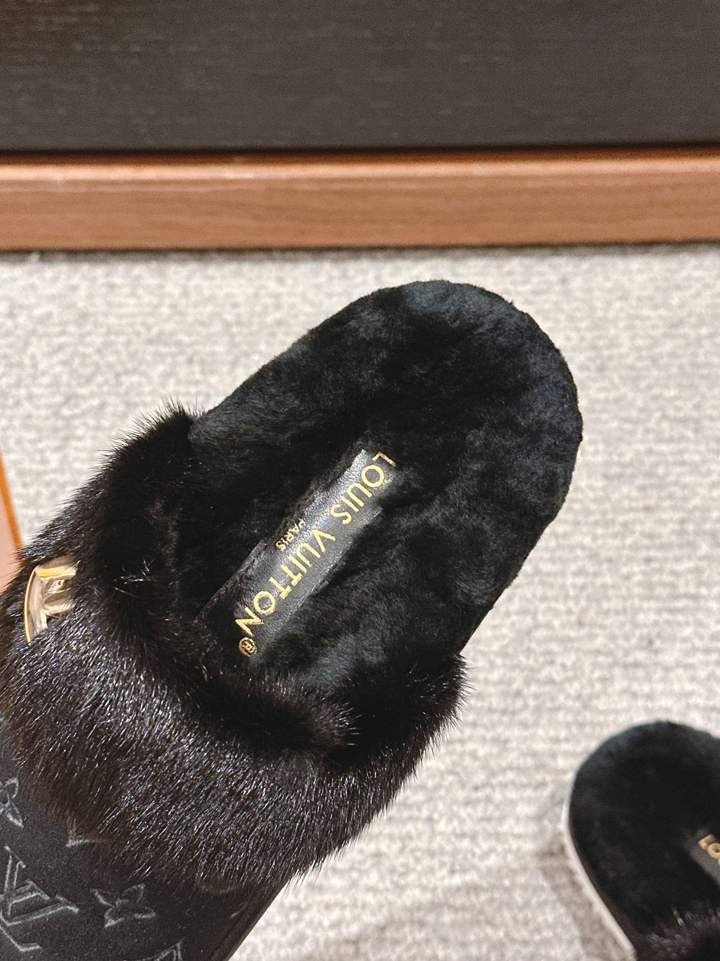 Louis Vuitton Flat Mule Black With Fur Monogram Suede