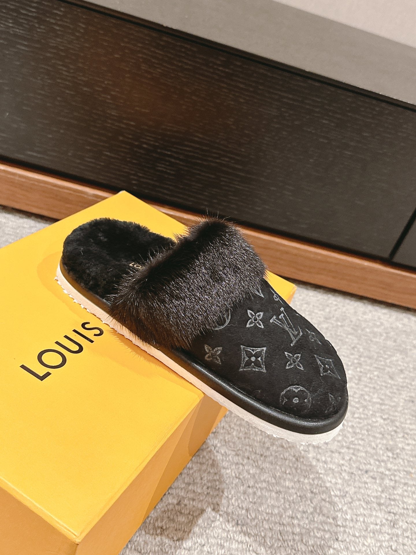 Louis Vuitton Flat Mule Black With Fur Monogram Suede
