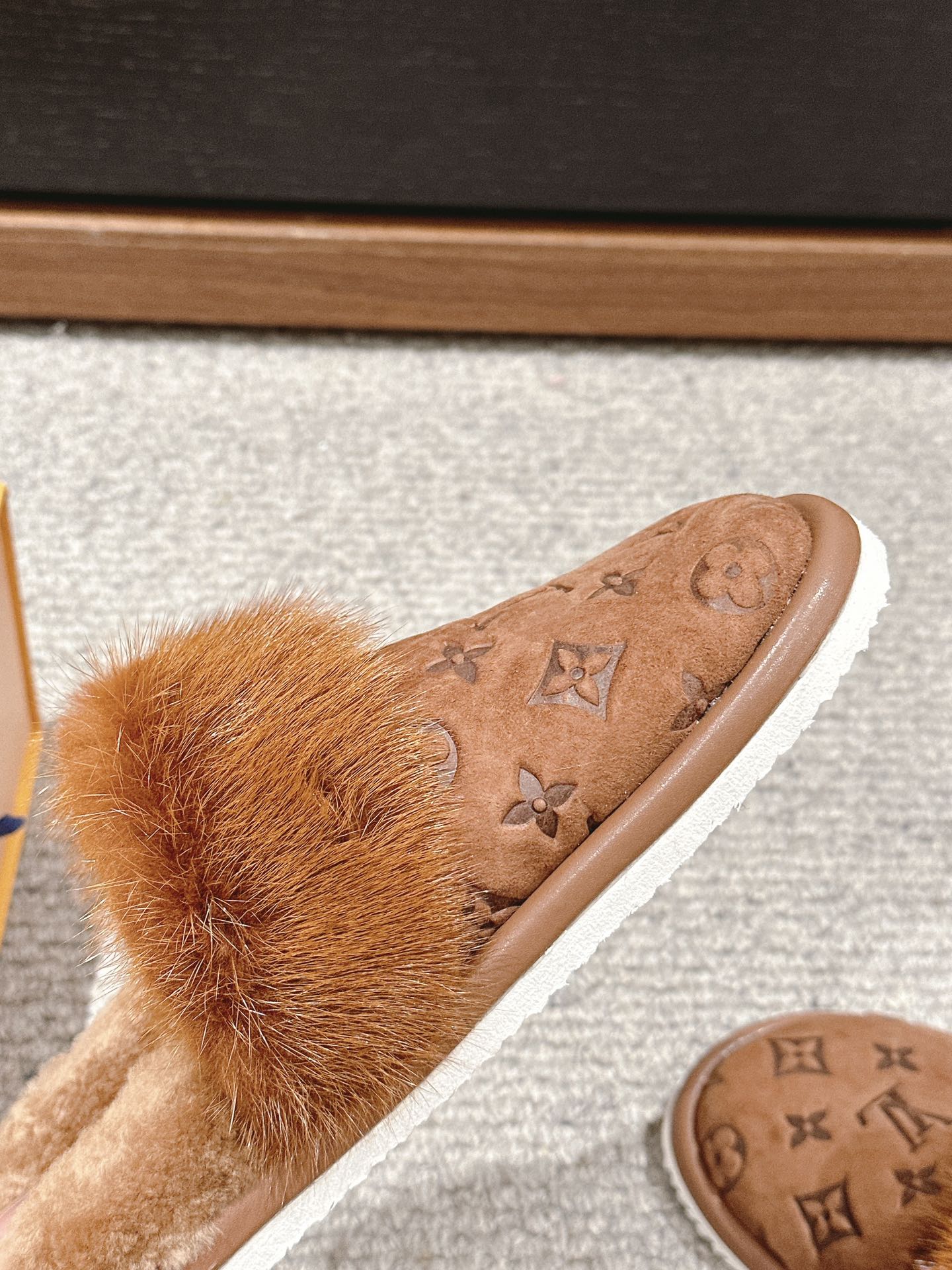 Louis Vuitton Flat Mule Brown With Fur Monogram Suede