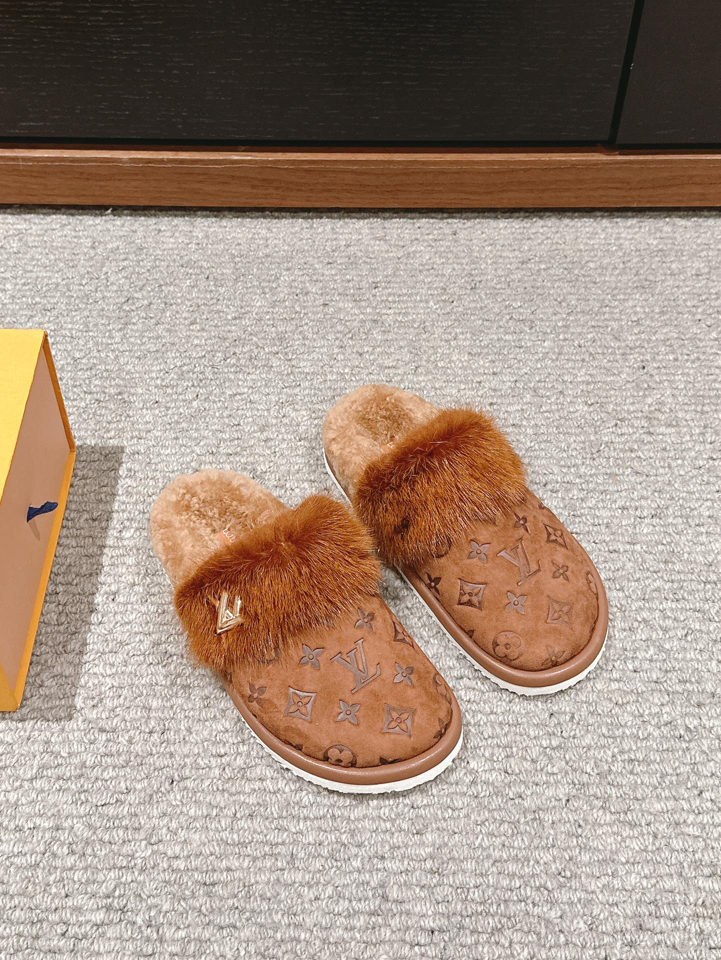 Louis Vuitton Flat Mule Brown With Fur Monogram Suede
