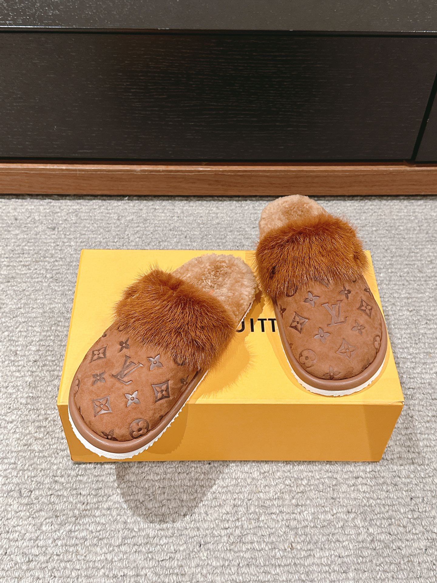 Louis Vuitton Flat Mule Brown With Fur Monogram Suede