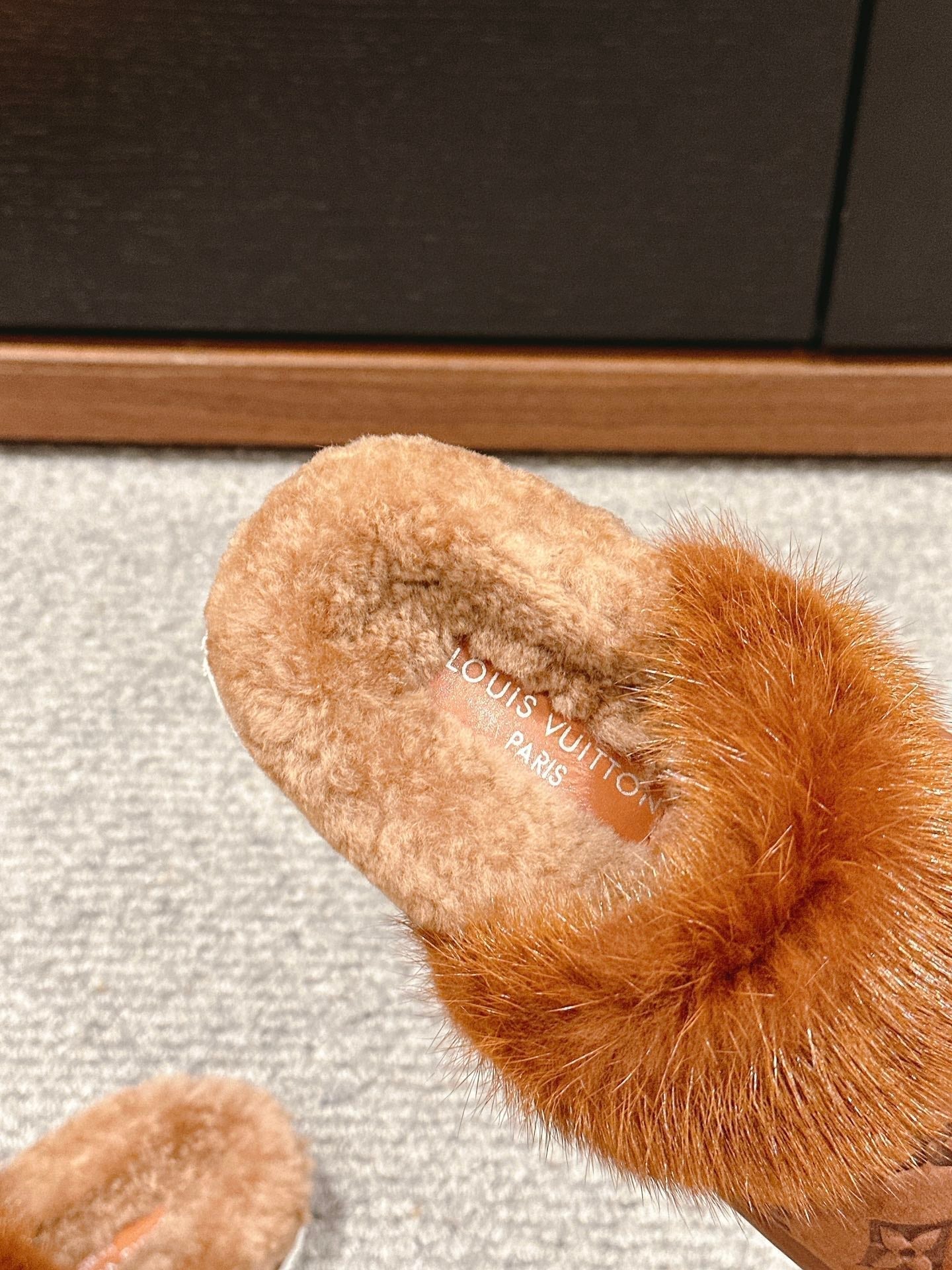 Louis Vuitton Flat Mule Brown With Fur Monogram Suede
