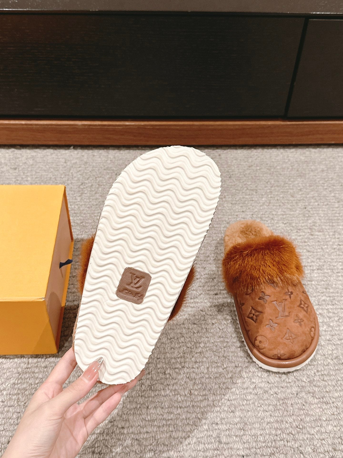 Louis Vuitton Flat Mule Brown With Fur Monogram Suede