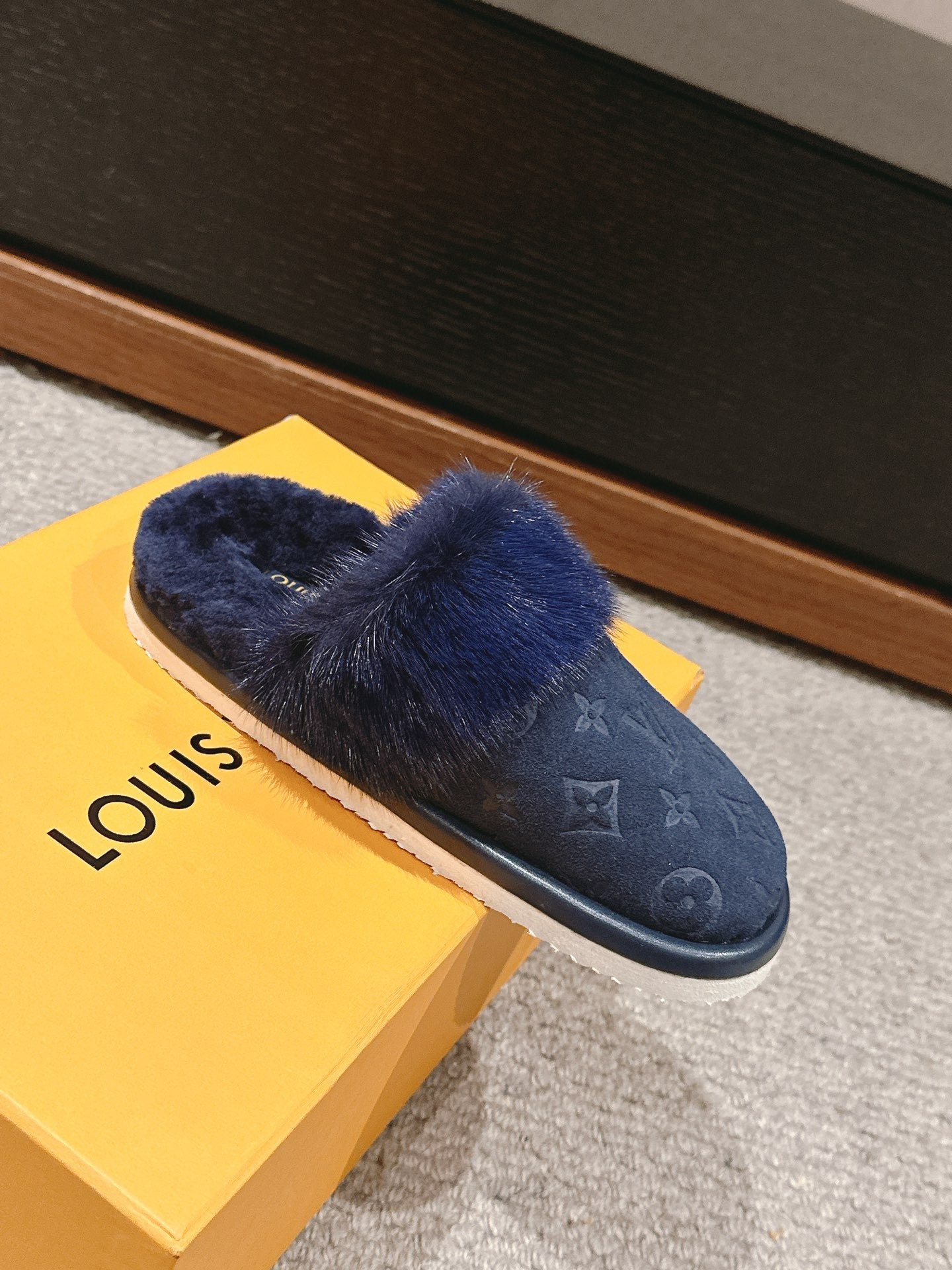 Louis Vuitton Flat Mule Charcoal Blue With Fur Monogram Suede