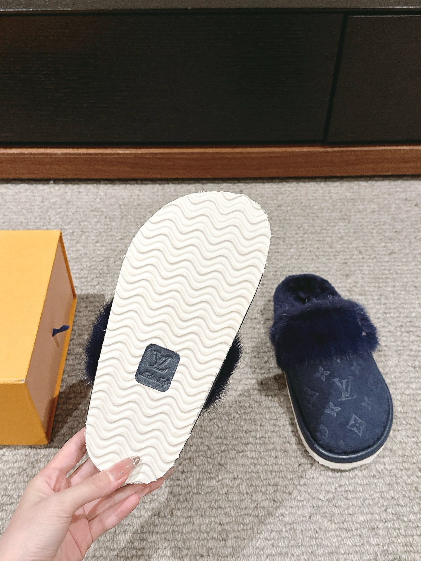 Louis Vuitton Flat Mule Charcoal Blue With Fur Monogram Suede