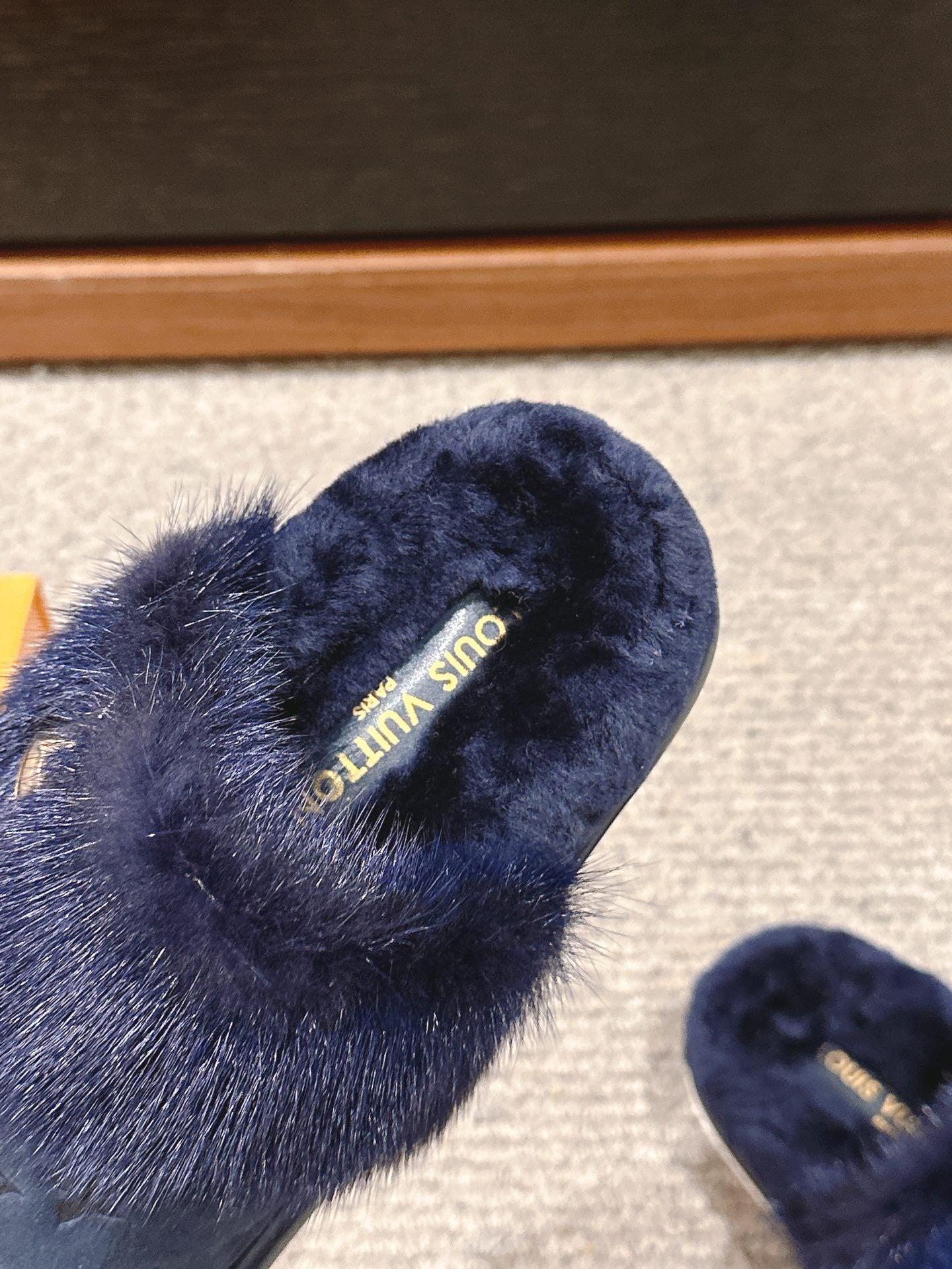Louis Vuitton Flat Mule Charcoal Blue With Fur Monogram Suede