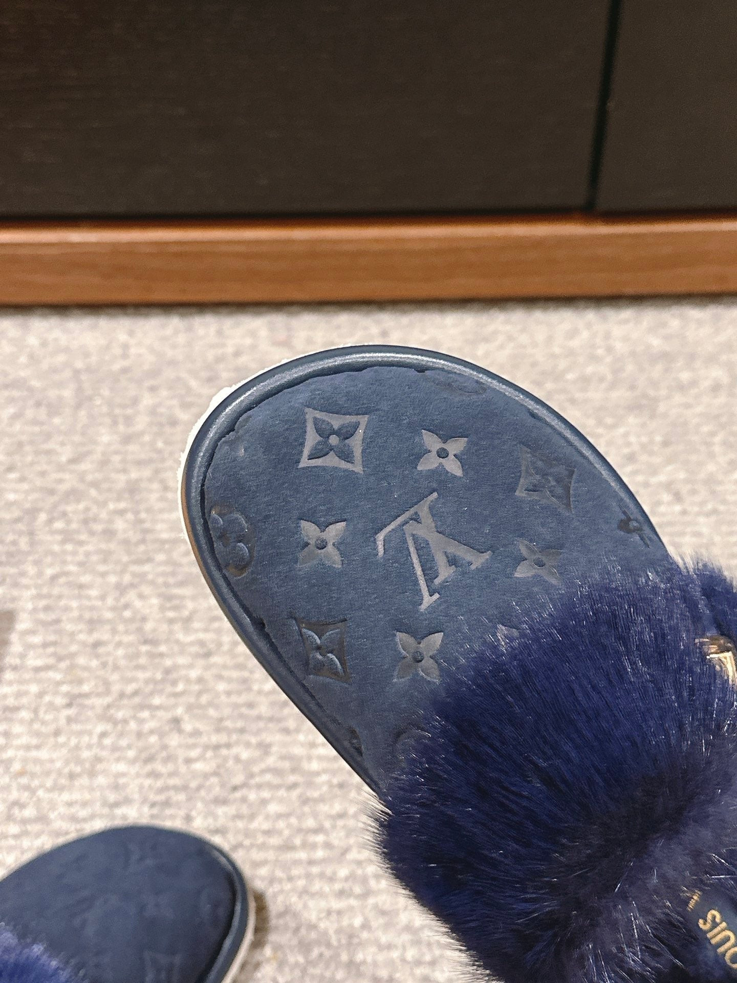 Louis Vuitton Flat Mule Charcoal Blue With Fur Monogram Suede