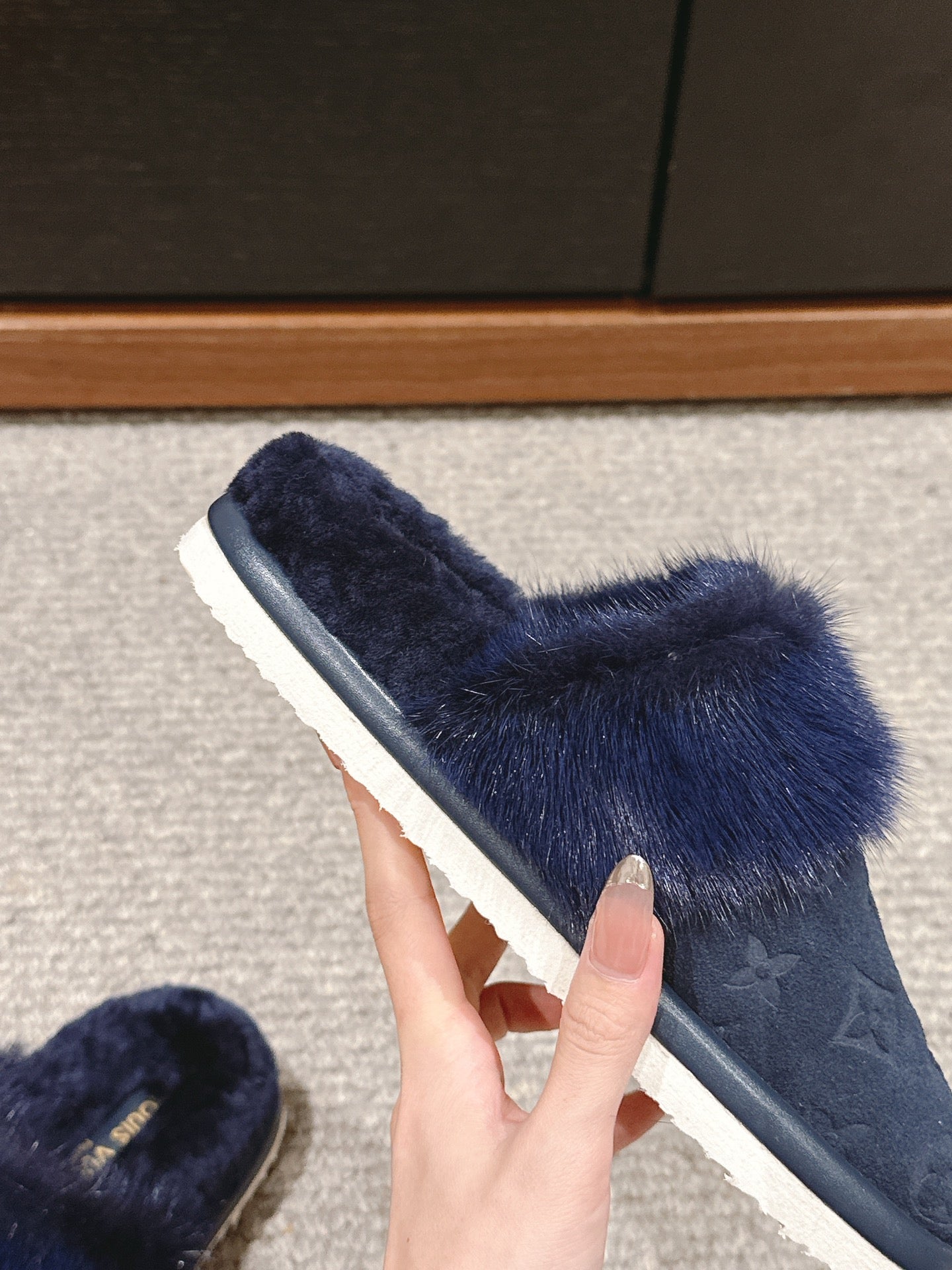 Louis Vuitton Flat Mule Charcoal Blue With Fur Monogram Suede