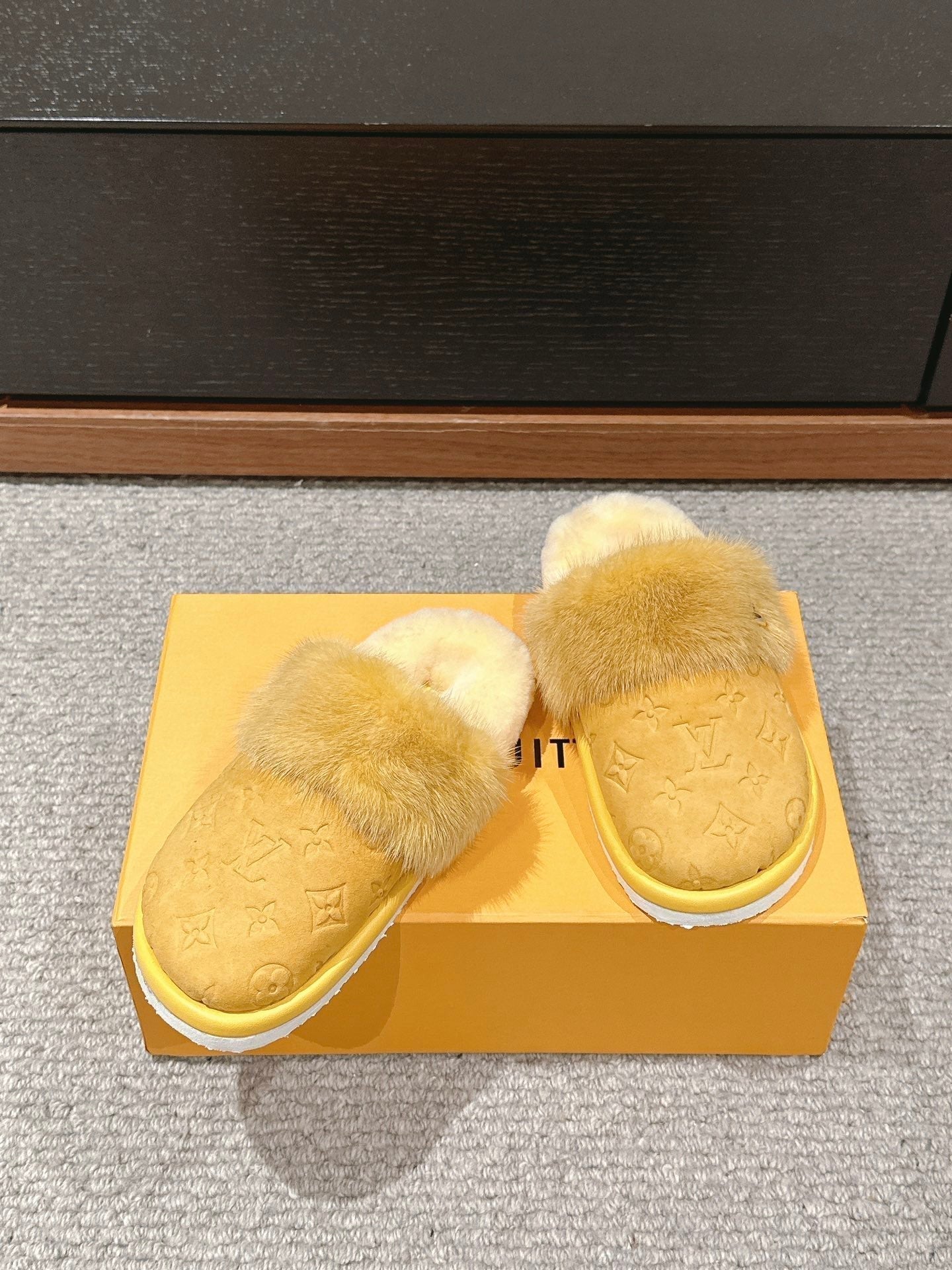 Louis Vuitton Flat Mule Yellow With Fur Monogram Suede
