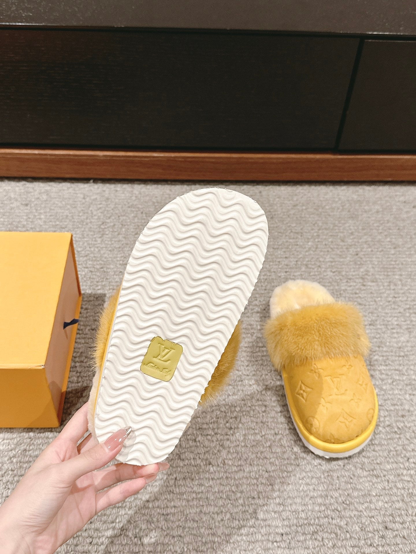Louis Vuitton Flat Mule Yellow With Fur Monogram Suede