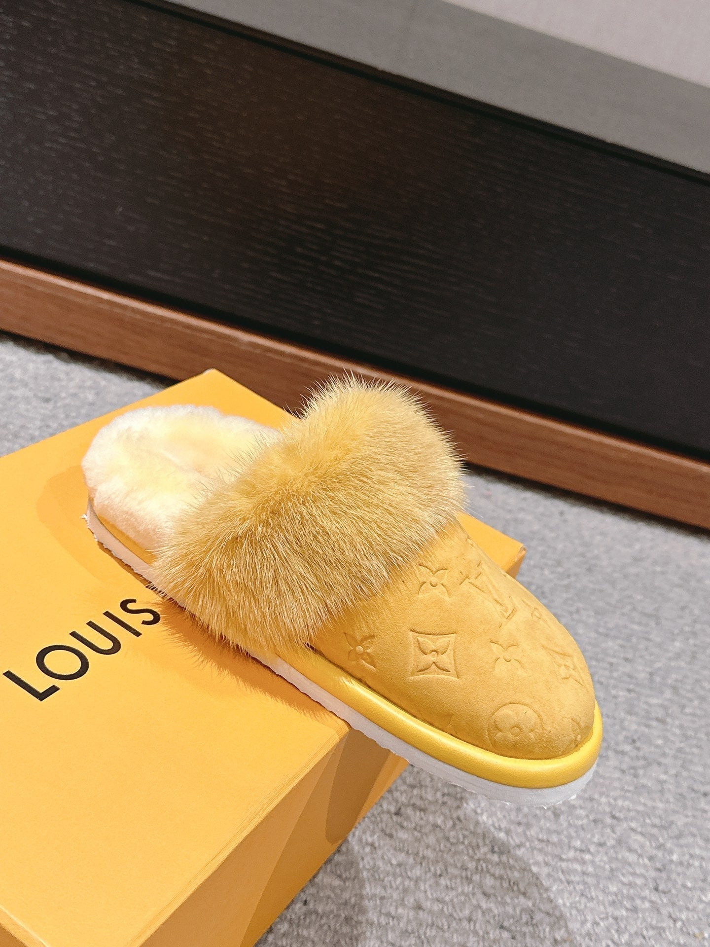 Louis Vuitton Flat Mule Yellow With Fur Monogram Suede