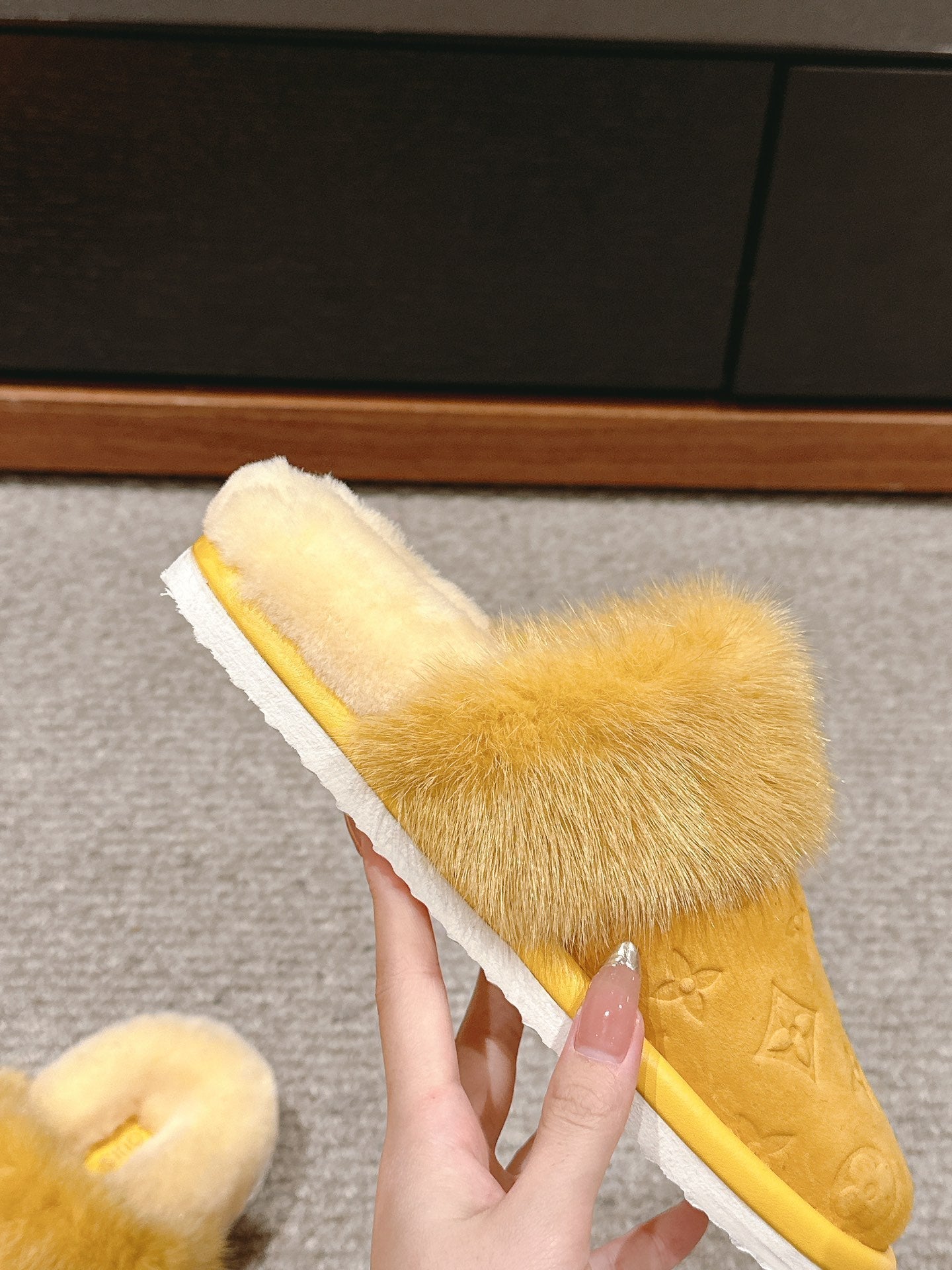 Louis Vuitton Flat Mule Yellow With Fur Monogram Suede