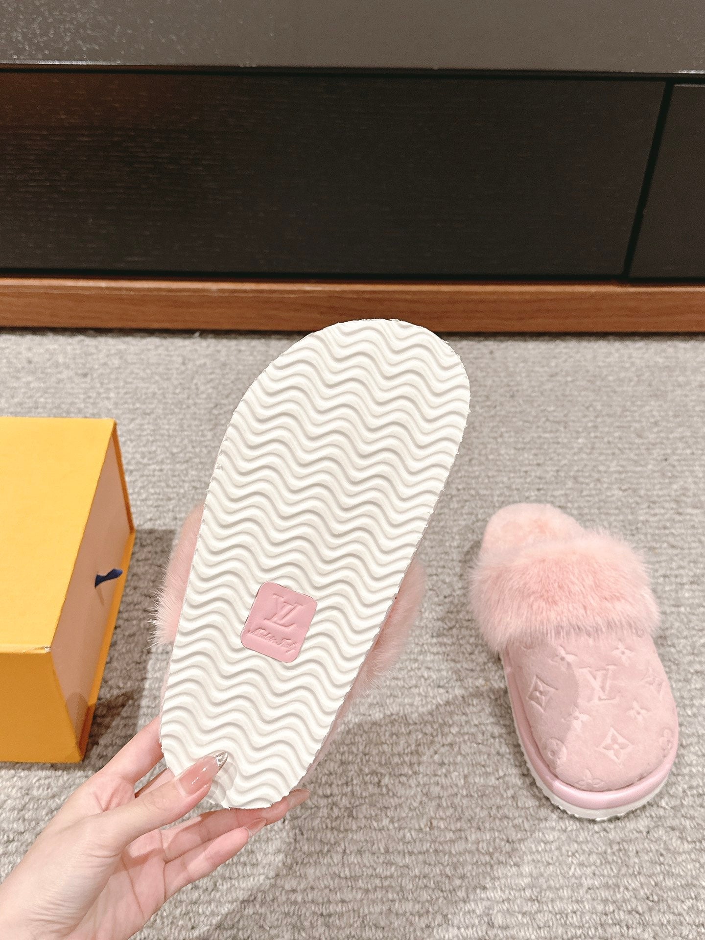 Louis Vuitton Flat Mule Pink With Fur Monogram Suede