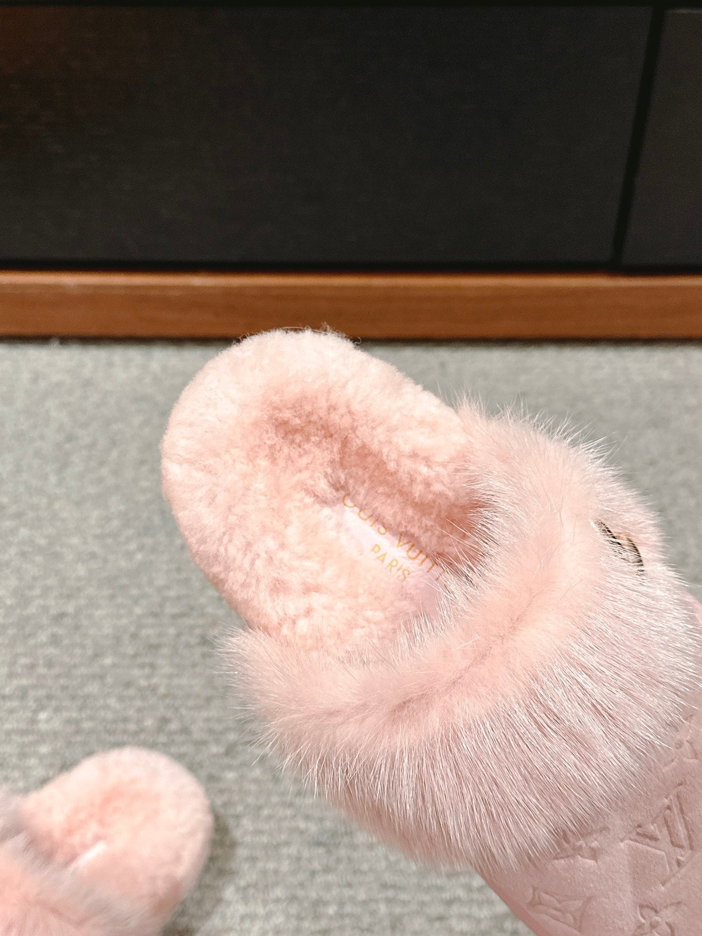 Louis Vuitton Flat Mule Pink With Fur Monogram Suede
