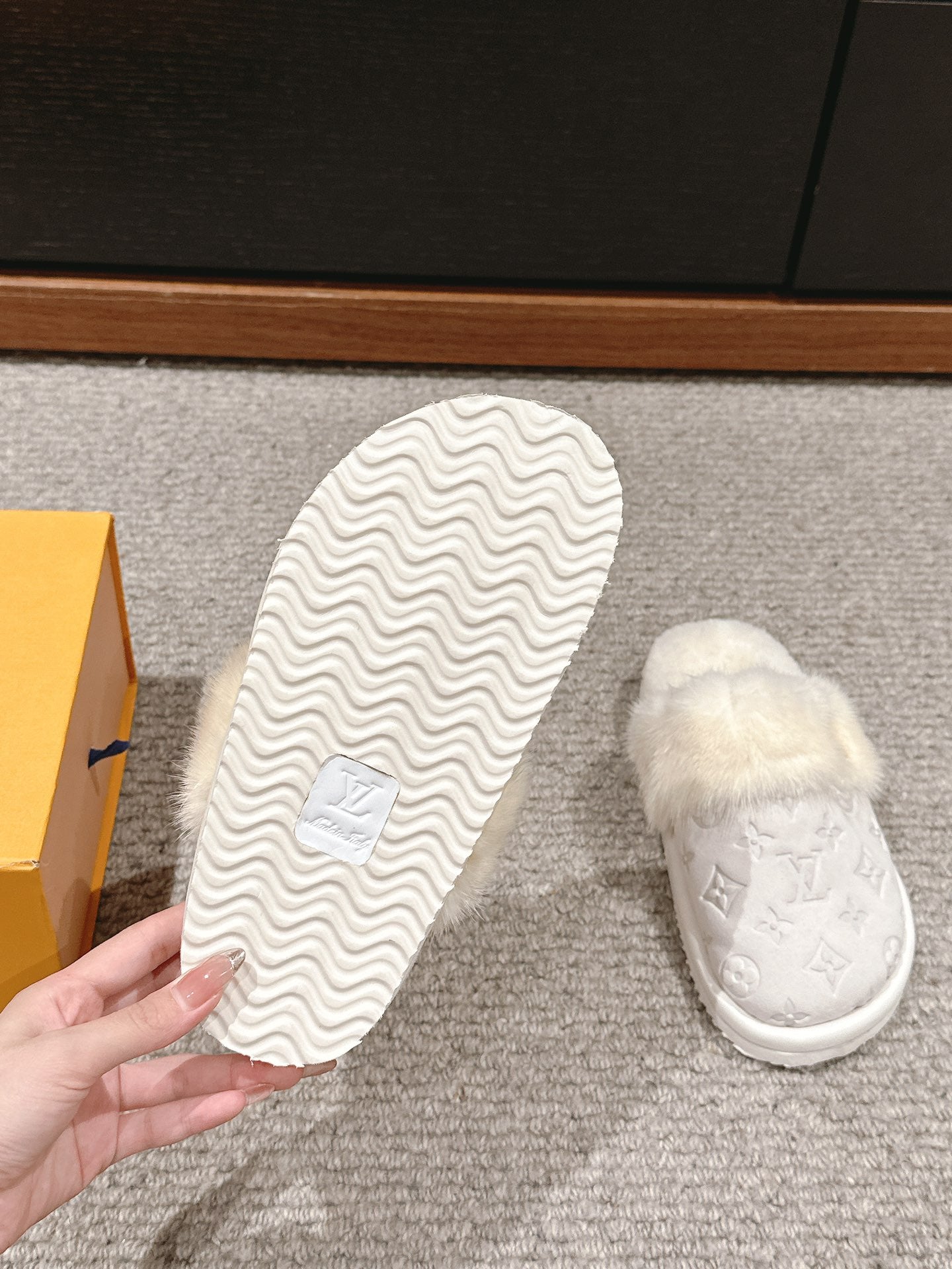 Louis Vuitton Flat Mule White With Fur Monogram Suede